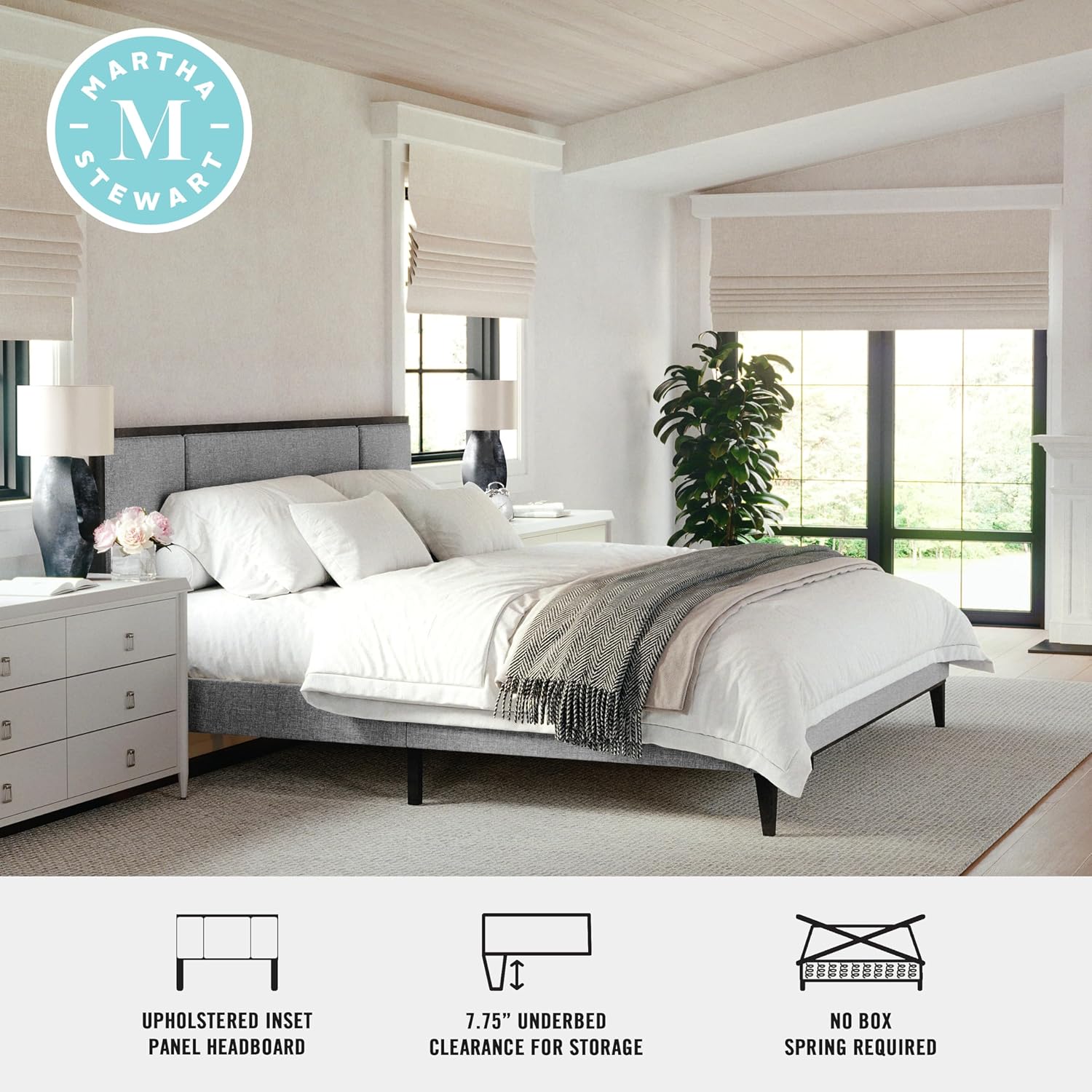 Martha Stewart Jett Platform Bed with Headboard, Fabric Upholstered Inset Headboard and Base, Solid Wood Frame, No Box Spring Needed, King, Brown Gray/Gray