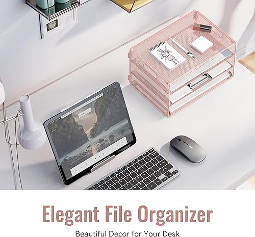Miniatura 5 de DALTACK Bandeja organizadora de papel de 3 niveles con asa, organizador de archivos de escritorio de malla, bandeja de papel organizador de