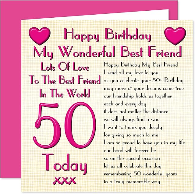 Best Friend 50th Happy Birthday Card - Lots Of Love To The Best Friend In The World - 50 Today