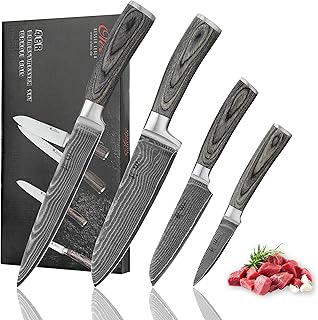 Wakoli EDIS 4-teiliges Küchenmesser Set aus Damaststahl (VG10 Kern) in edler Geschenkbox – Scharfes Damastmesser Set mit Pakkaholzgriffen – Messerset mit 2x Santoku, Fleischmesser & Officemesser