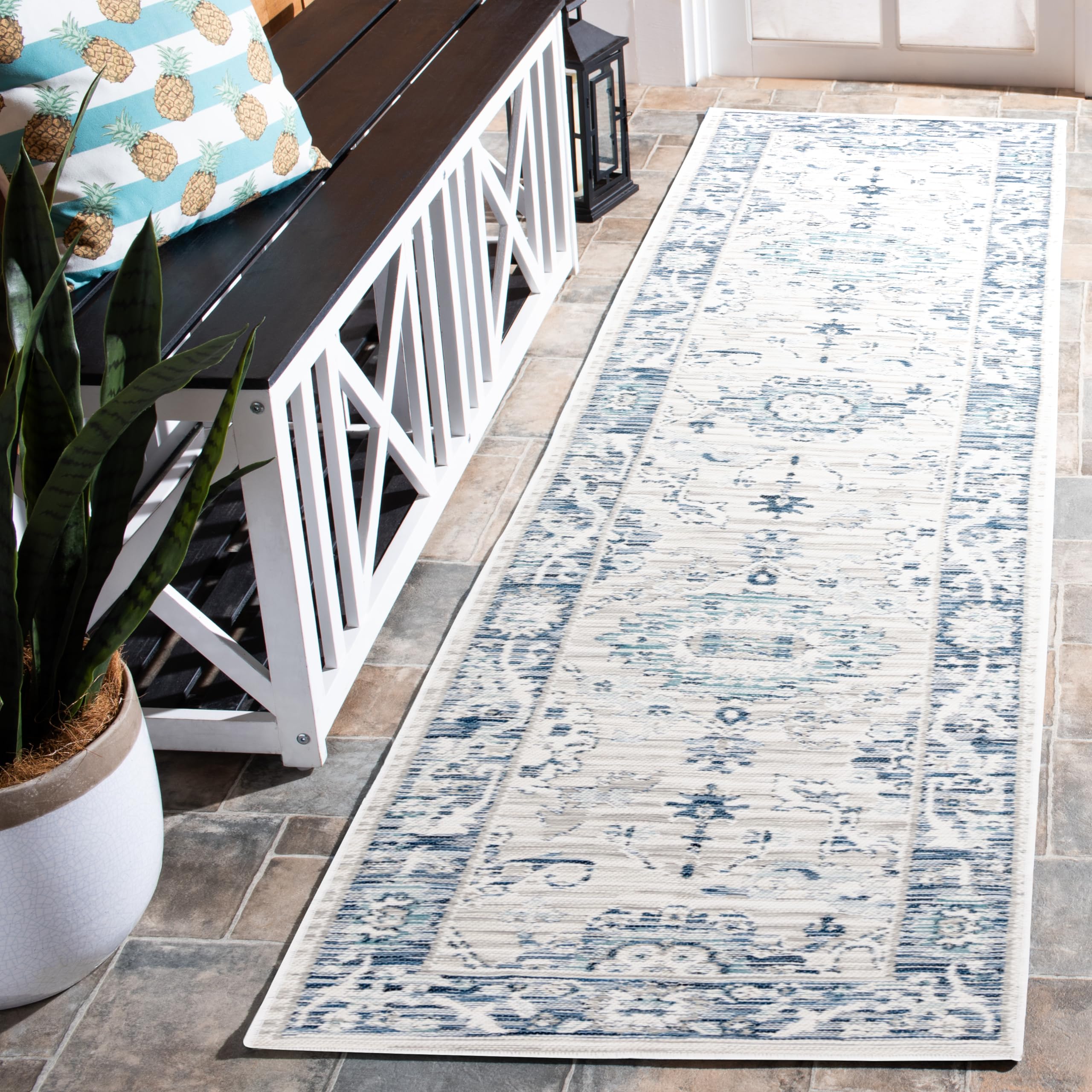 SAFAVIEH Washable Rug Outdoor Sunrise Collection - 2' x 8' Runner, Grey & Blue Ivory, Non-Shedding & Easy to Clean, Ideal for Patio, Backyard, Mudroom