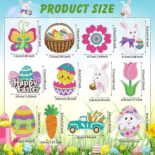 Miniatura 3 de Ferraycle Kit de pintura de diamante de Pascua de 12 piezas, kits de arte de diamantes 5D DIY con huevo de Pascua, conejo, zanahoria, adornos