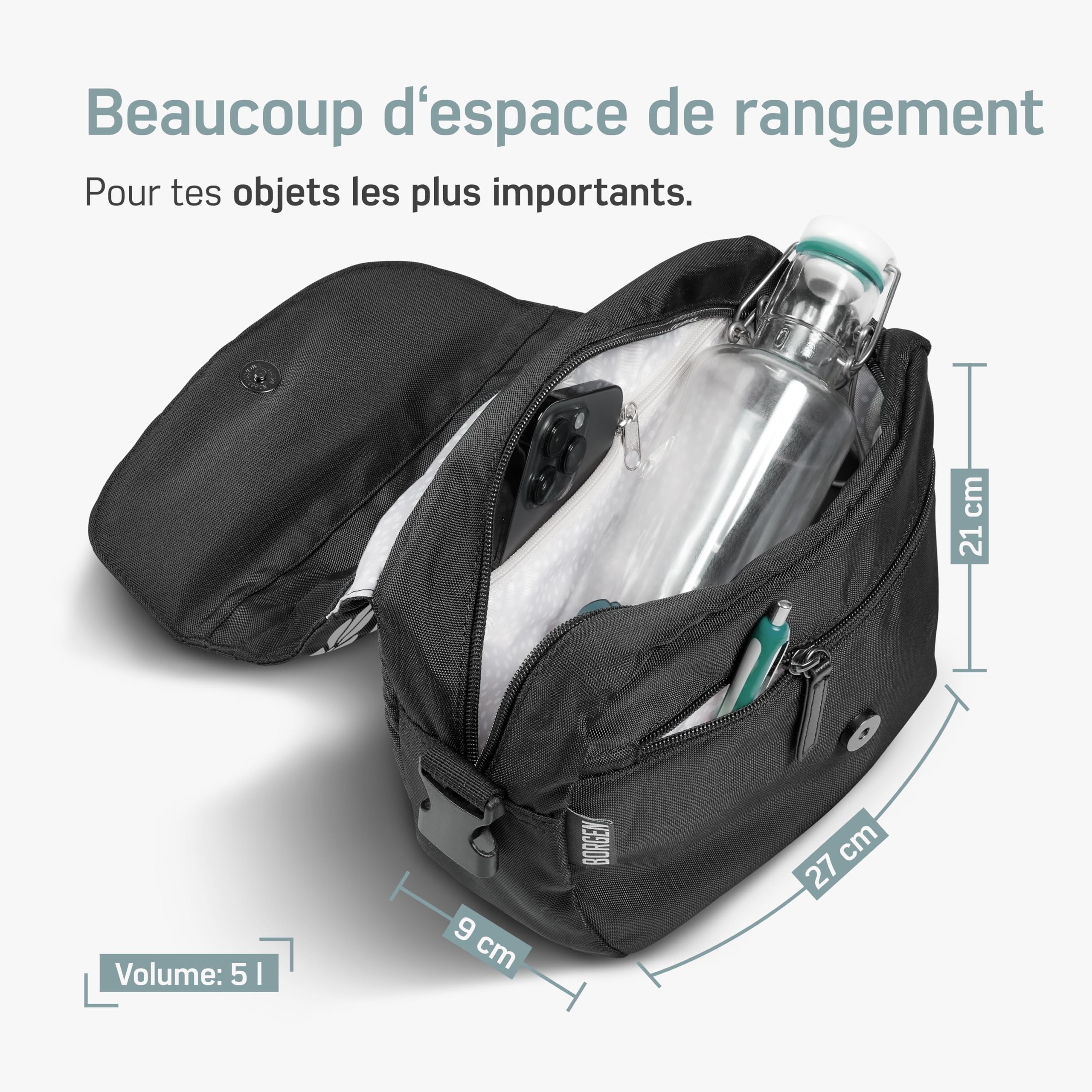 Borgen KLICKfix Sacoche de guidon de vélo - Imperméable et spacieuse - 5 l - Sacoche de guidon de vélo