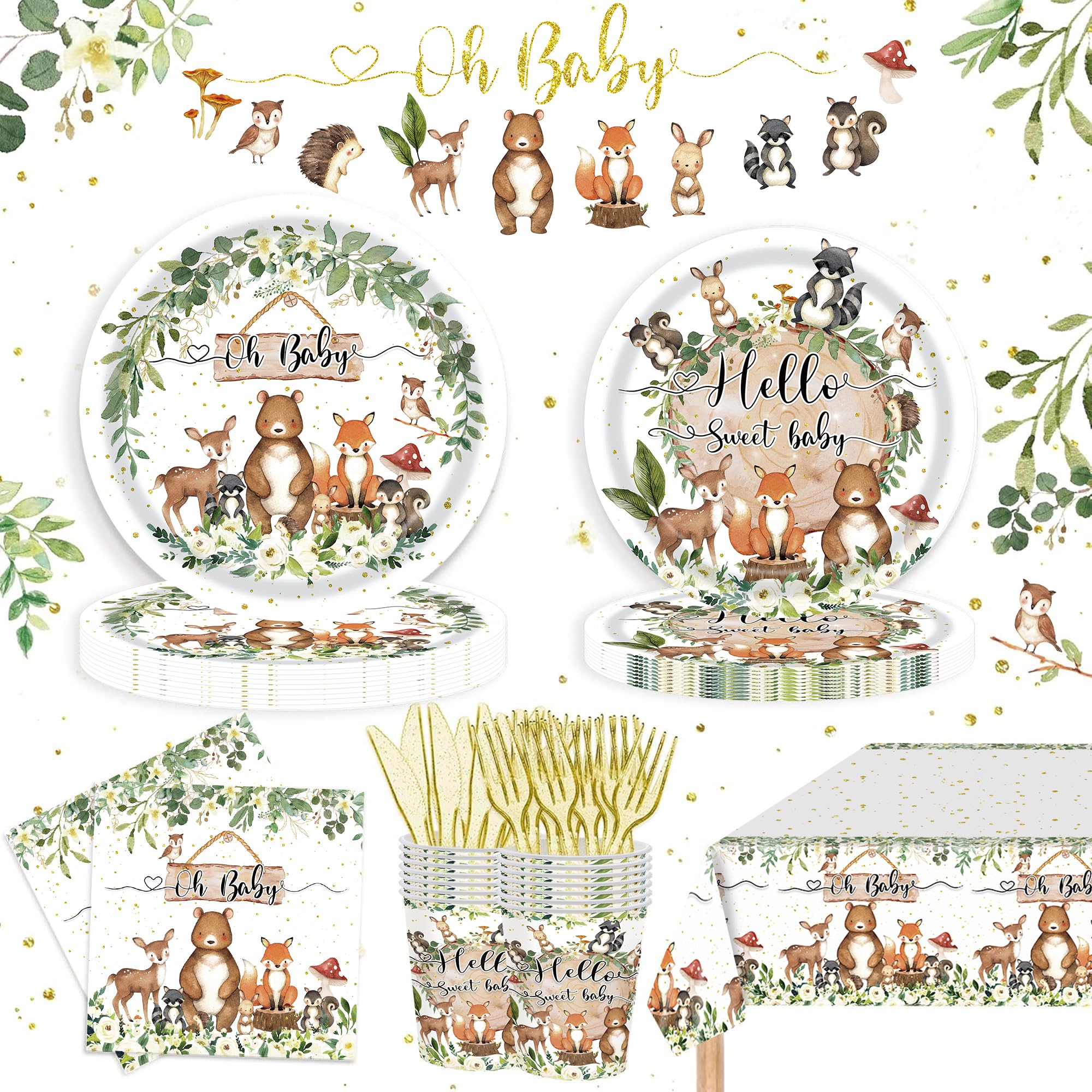 122PCS Woodland Baby Shower Party Supplies for Boys Girls Safari Jungle Wild Animal Party Decorations Nature Sage Plates Napkin Cups Forks Knives