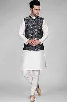 Ethluxis® Men's Silk Blend Kurta Churidar Pyjama with Ethnic Bundi Jacket Set