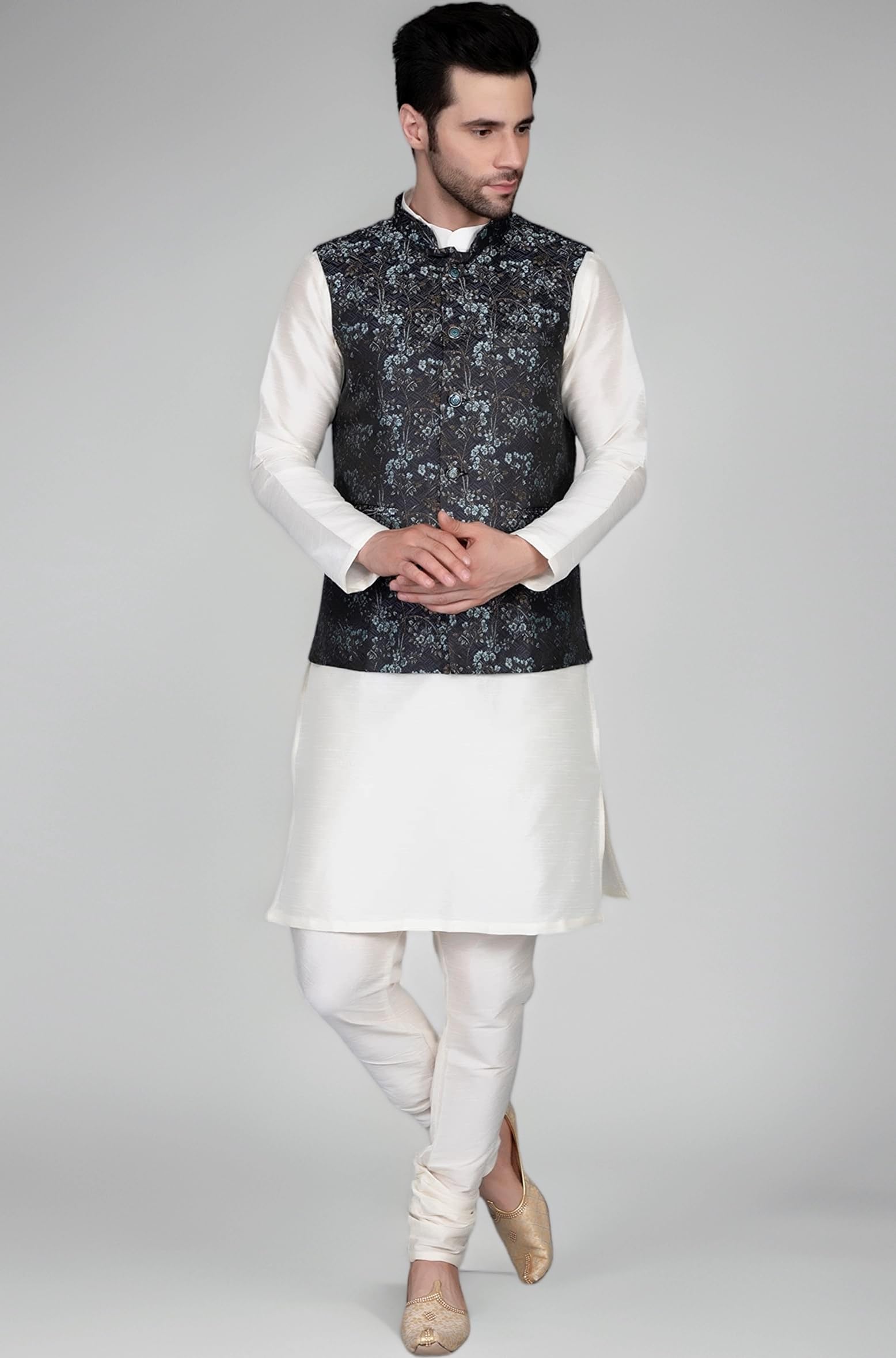 Ethluxis® Men's Silk Blend Kurta Churidar Pyjama with Ethnic Bundi Jacket Set