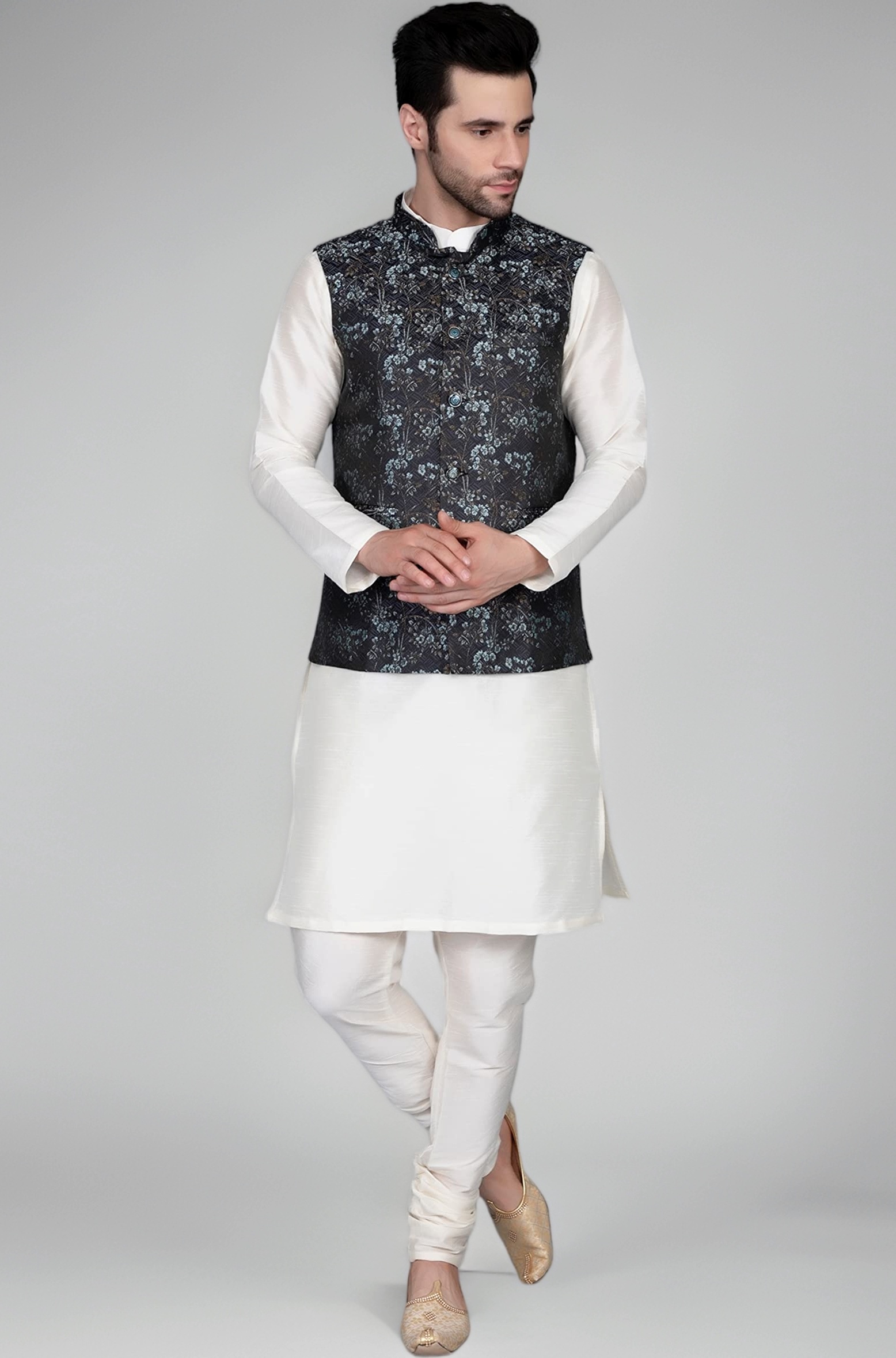 Ethluxis® Men's Silk Blend Kurta Churidar Pyjama with Ethnic Bundi Jacket Set