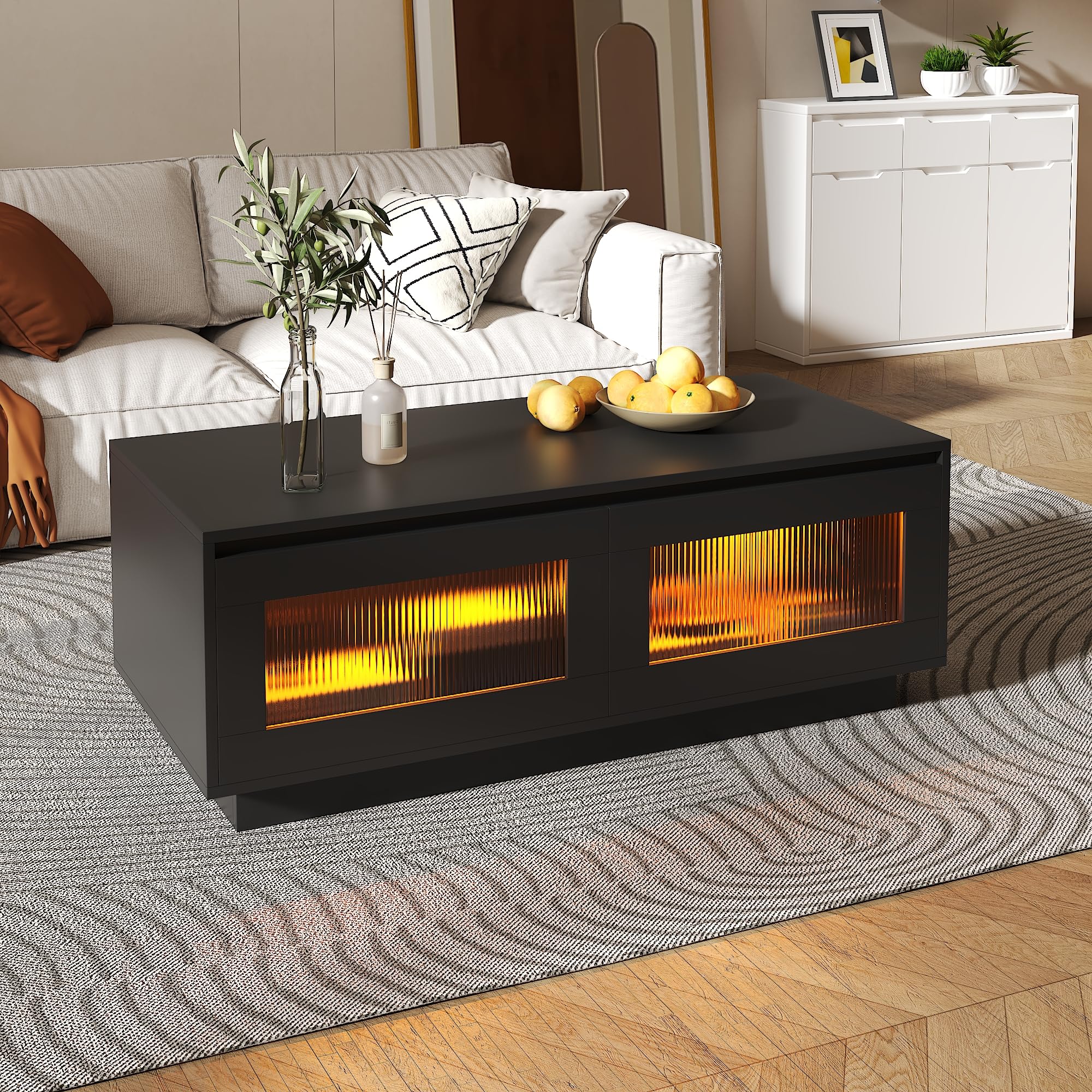KEEPREAPER Couchtisch Wohnzimmertisch mit LED Beleuchtung, Sofatisch mit 2 Ablagefächern für Wohnzimmer, 108x50x40cm (Schwarz)