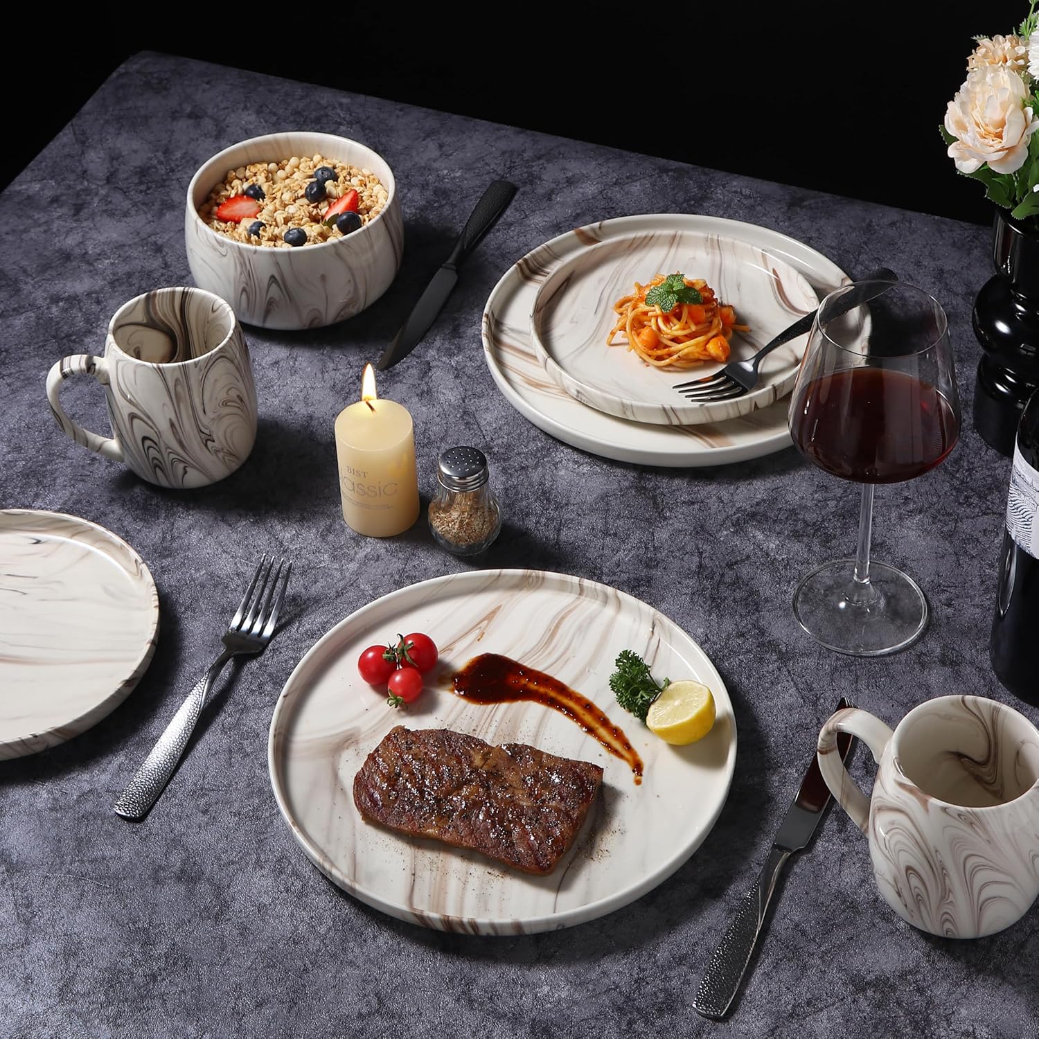 Marble Pattern Dinnerware Set, 16 Piece Ceramic Dishes and Mugs, Modern Swirl Design, Beige and Brown