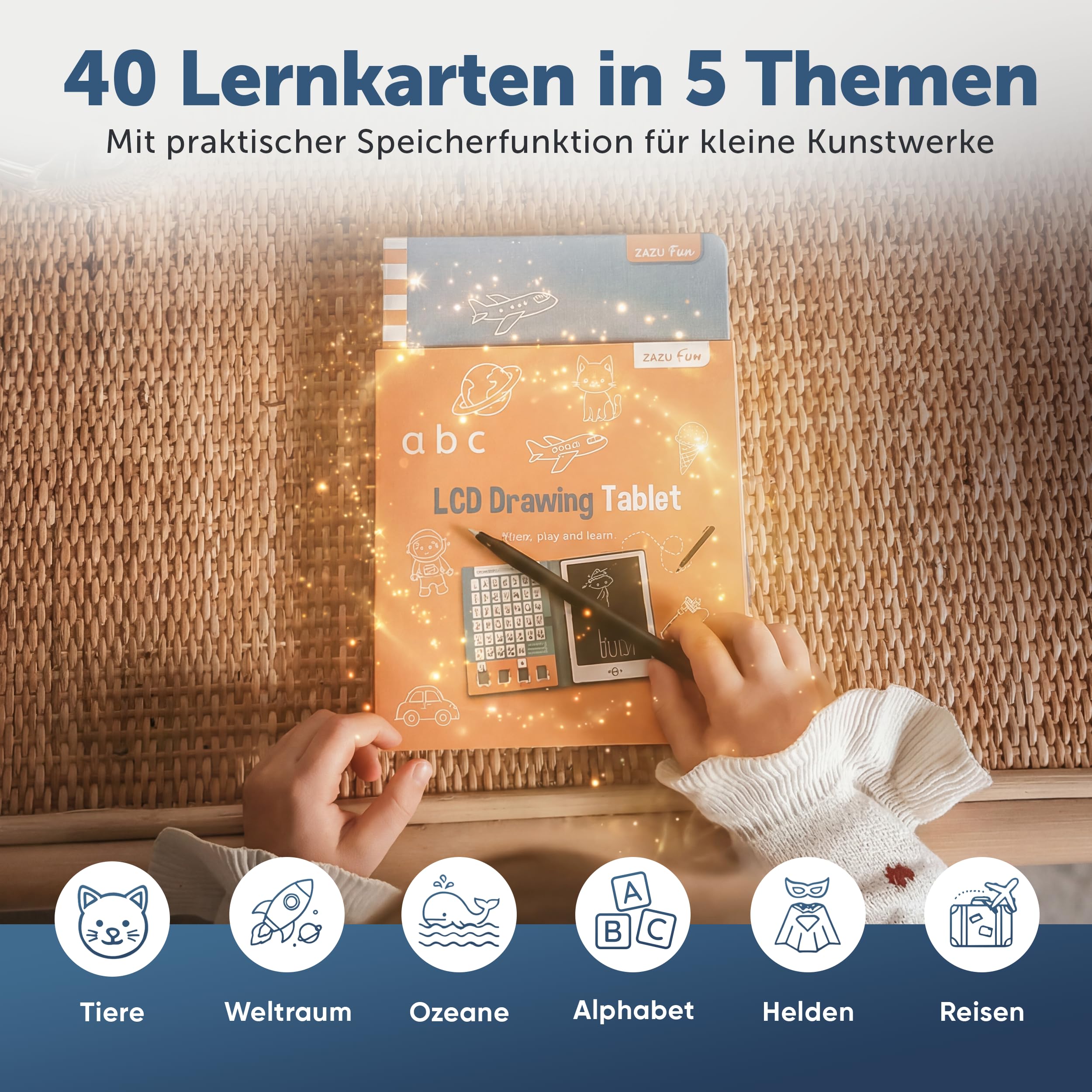 Zazu LCD Zeichentablet Kinder 8,5 Zoll mit 40 Vorlagenkarten & Stift – Maltablet mit Löschfunktion und Sperrtaste – Kreatives Lernspielzeug für Zuhause & unterwegs
