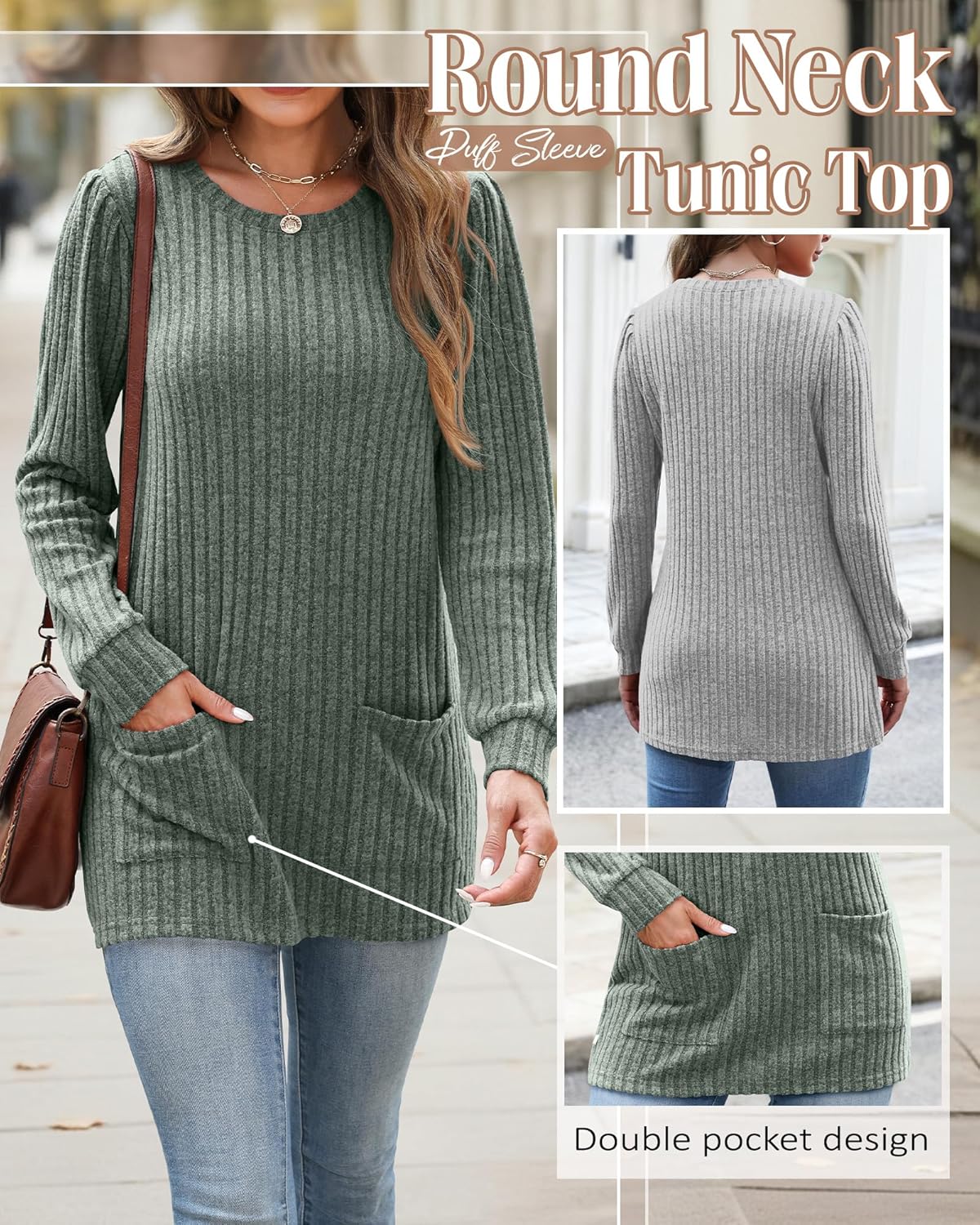 3 Pack Women's Long Sweaters with Pockets, Puff Long Sleeve Tunic Tops Crew Neck Ribbed Pullovers for Leggings - Image 5