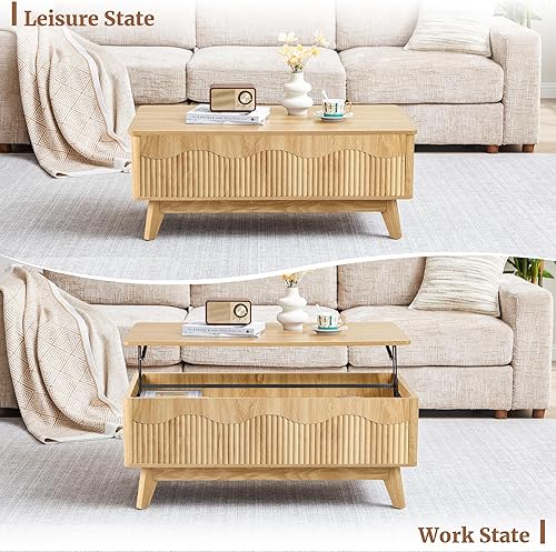 Miniatura 8 de BERRYMERRY Mesa de centro elevable con almacenamiento oculto, mesa de centro acanalada de granja con perfil ondulado, mesa central rectangular Roble