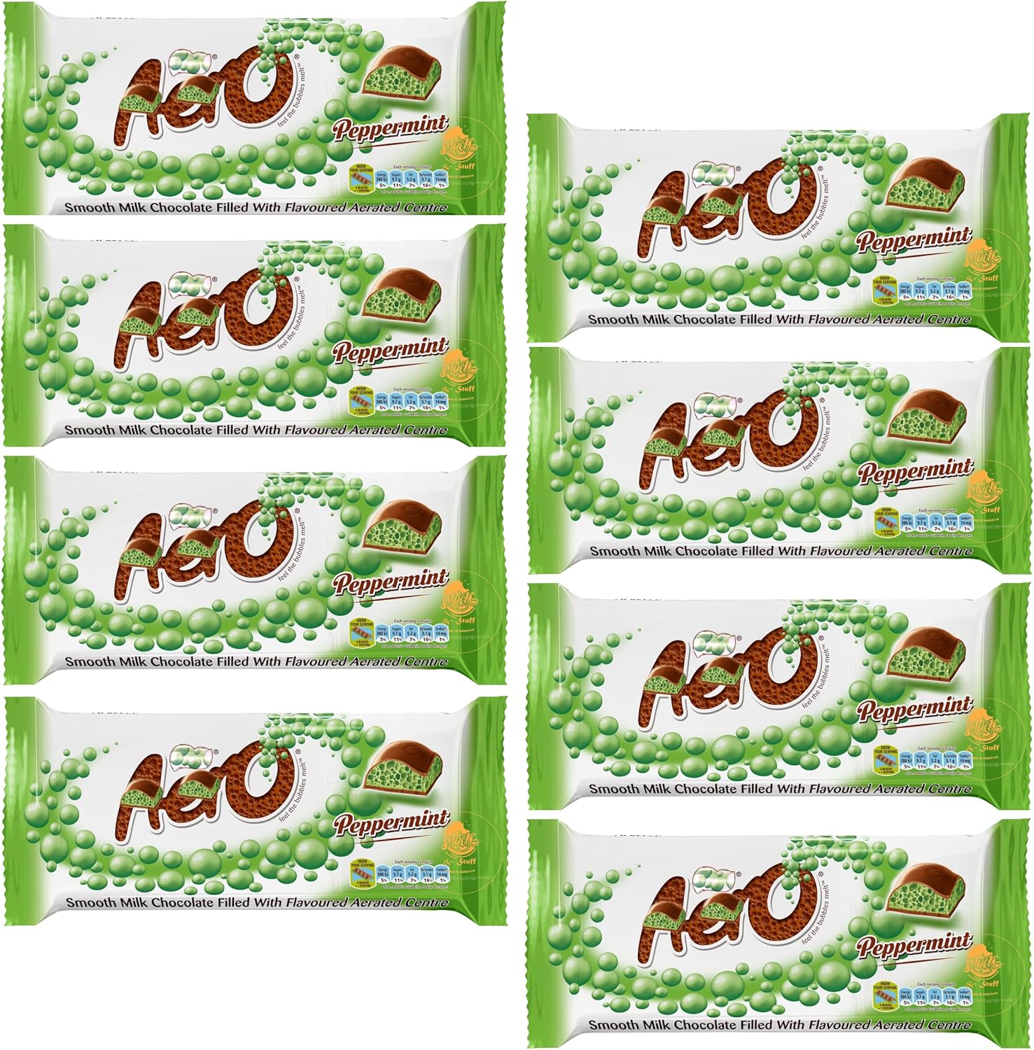 Aero Peppermint Chocolate Bars, Milk Chocolate with Aerated Centre, 36g, Pack of 8
