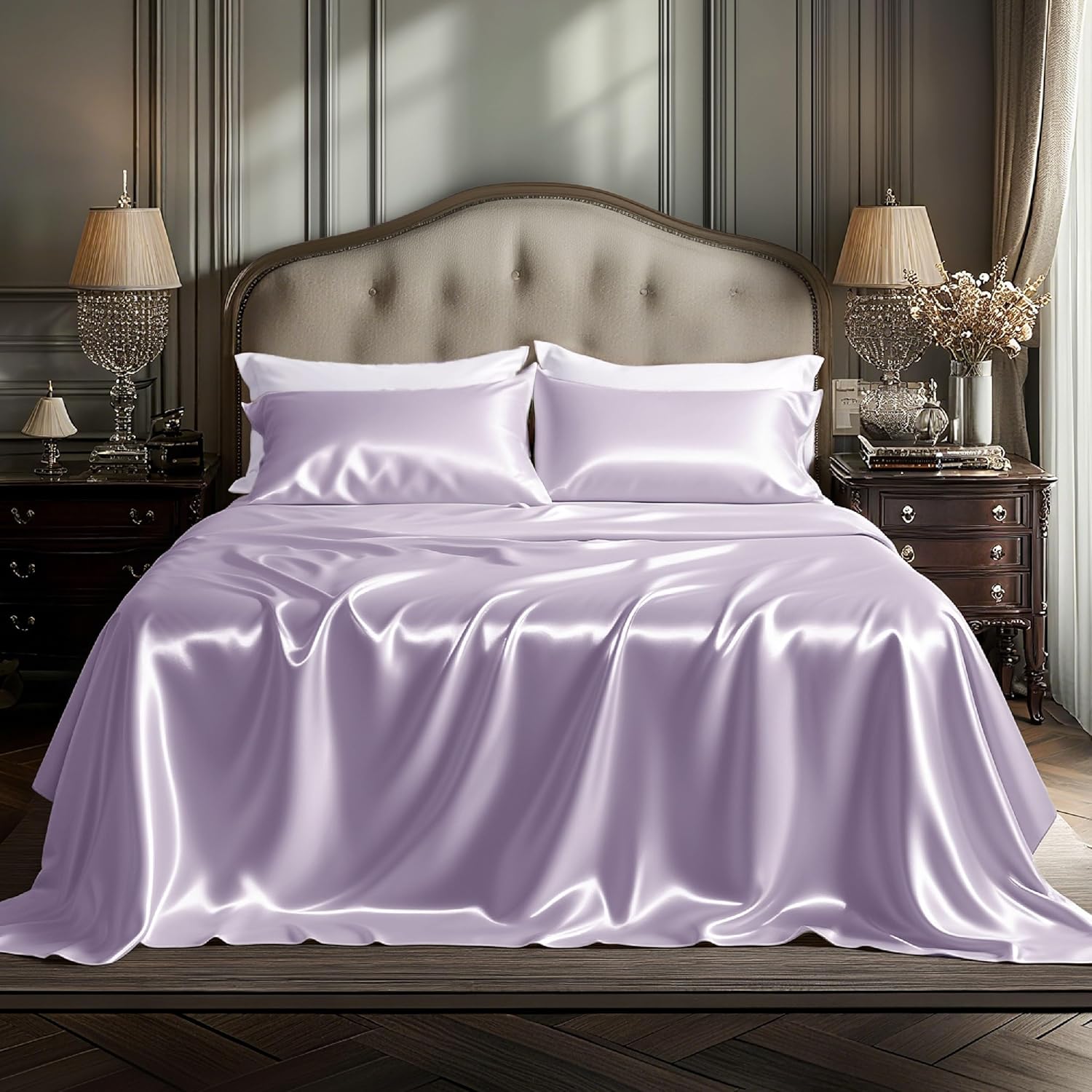 Bedsure Satin Sheets Queen Size - 4 Piece Silky Bedsheets with Elastic Corner Straps and 15 Inches Deep Pocket Fitted Bedsheet,1 Flat Sheet, 2 Satin Pillowcases, Good for Hair & Skin (Queen, Lavender)