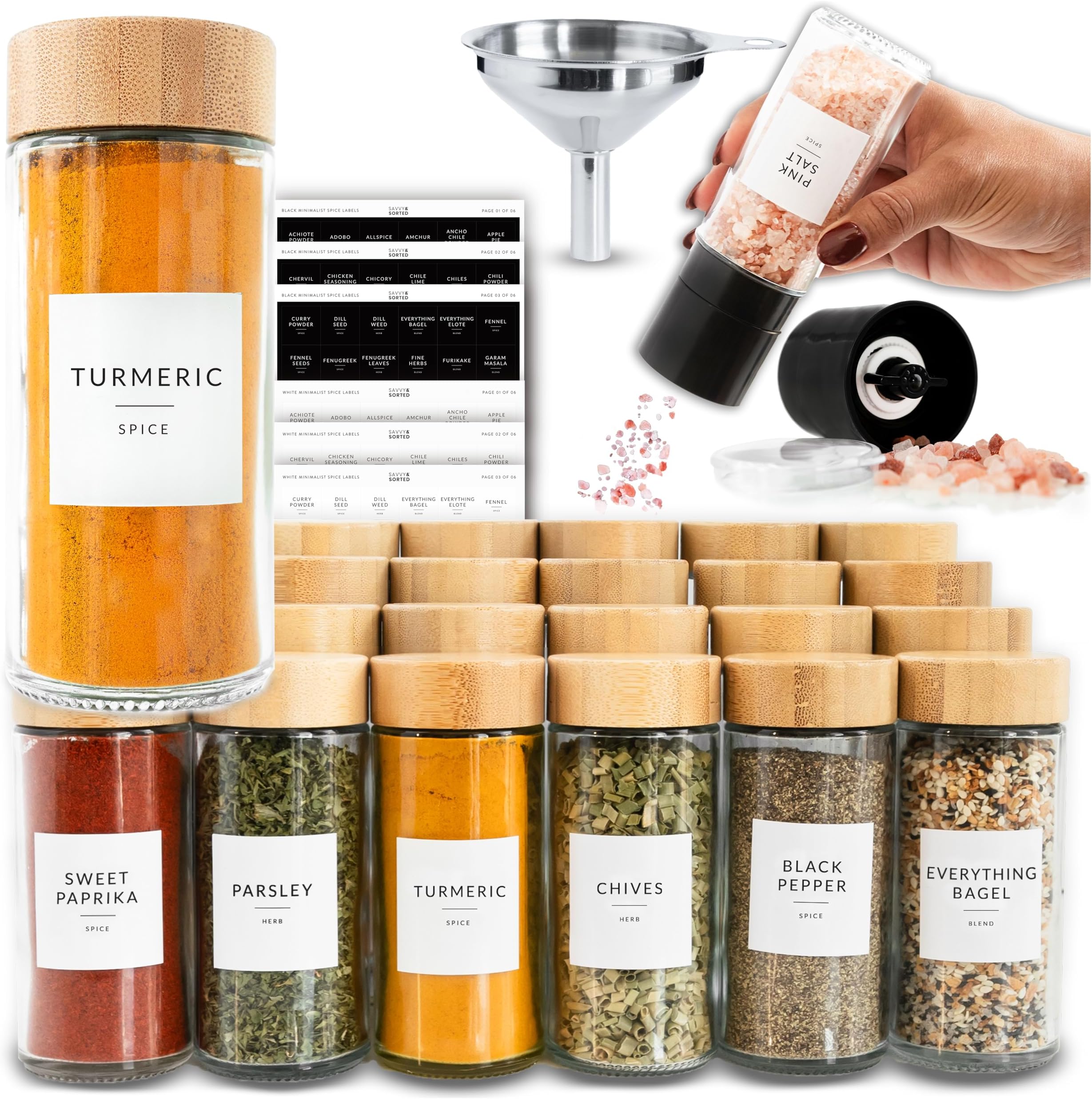 Glass Spice Jars with Label, 24PK Round Bamboo Jar Spices Set 4oz, 374 Spice Labels, Pepper Grinder, Empty Herb Seasoning Containers, Funnel and Shaker Lids