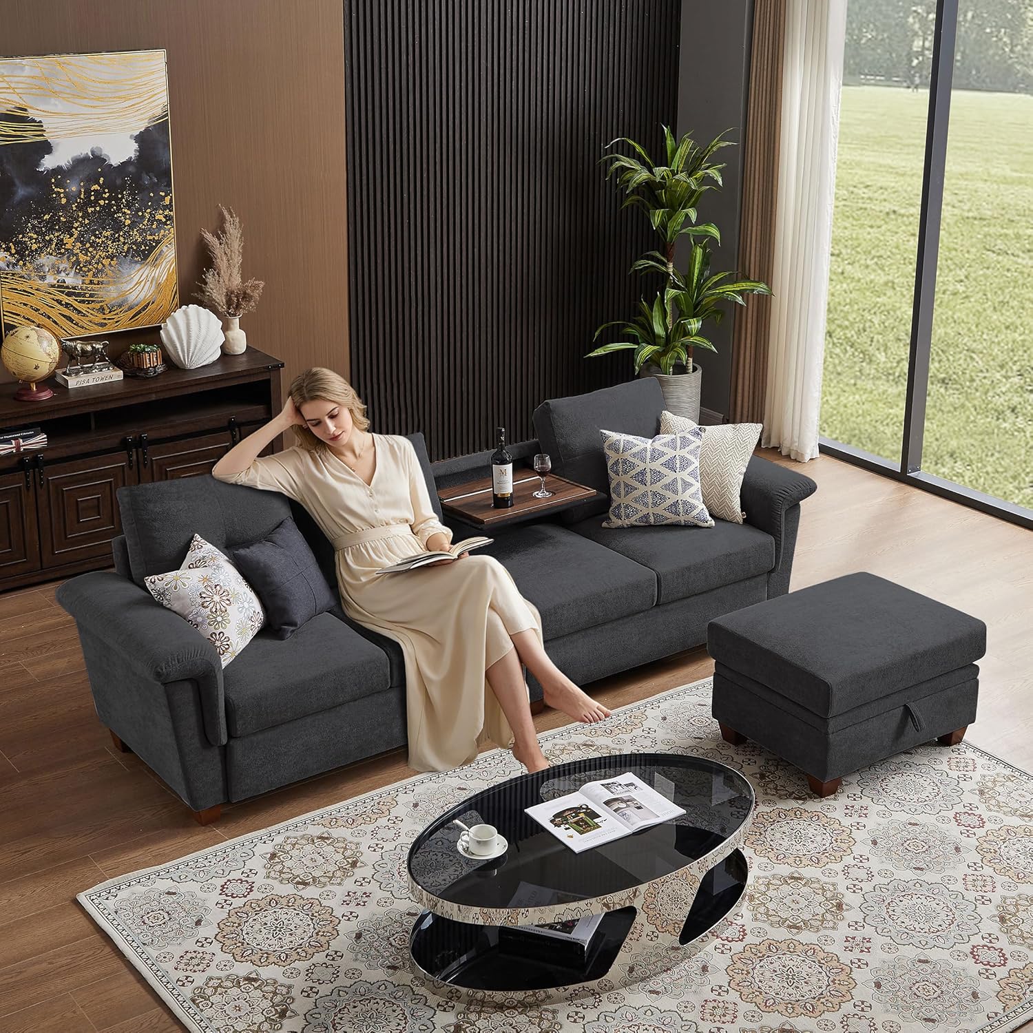 108" Sectional Sofa, Convertible L Shaped Sofa with Ottoman and Large Storage, 4 Seat Sectional Couch with Cup Holder, Couches for Living Room, Apartment, Office (Dark Grey)