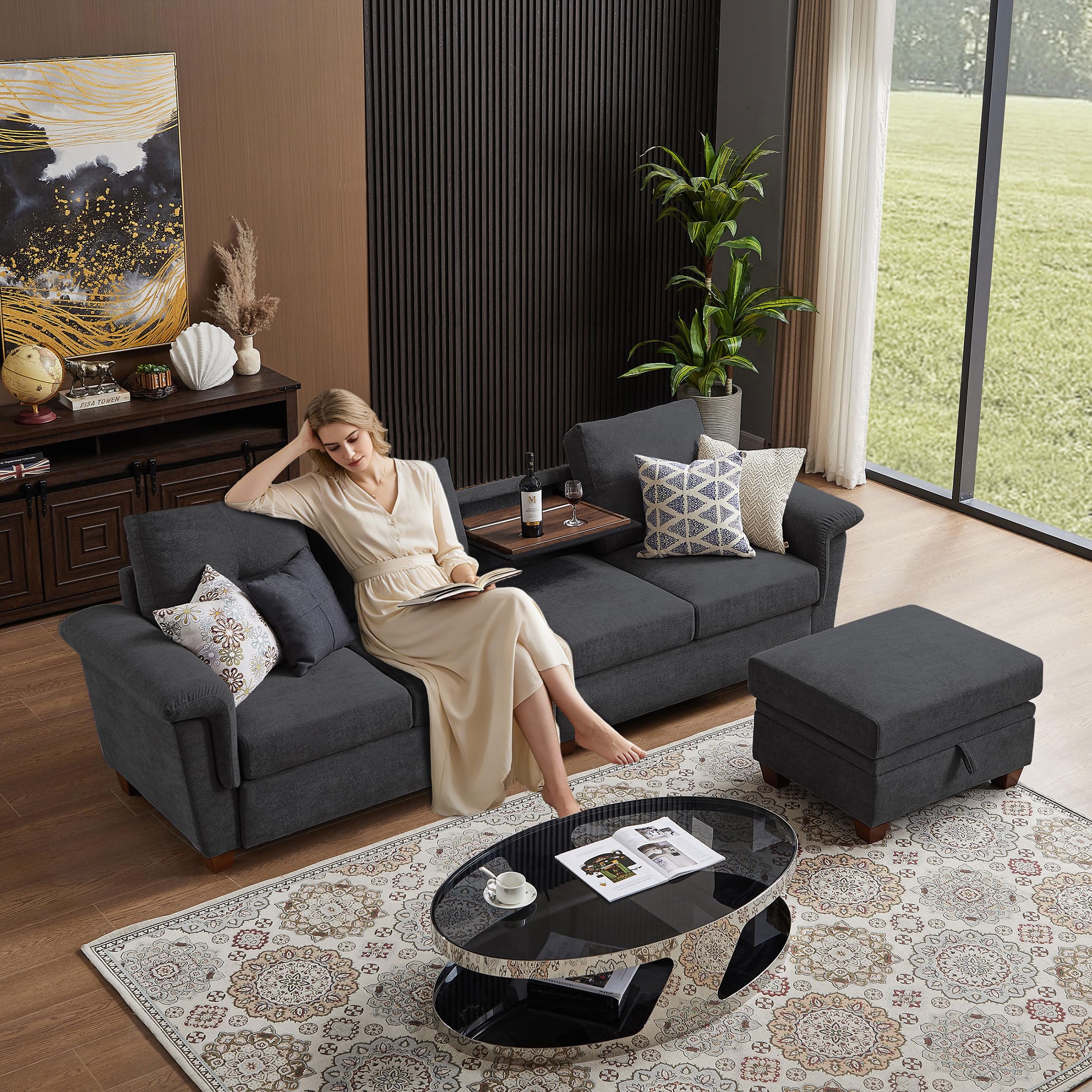 Pingliang Home 108" Sectional Sofa, Convertible L Shaped Sofa with Ottoman and Large Storage, 4 Seat Sectional Couch with Cup Holder, Couches for