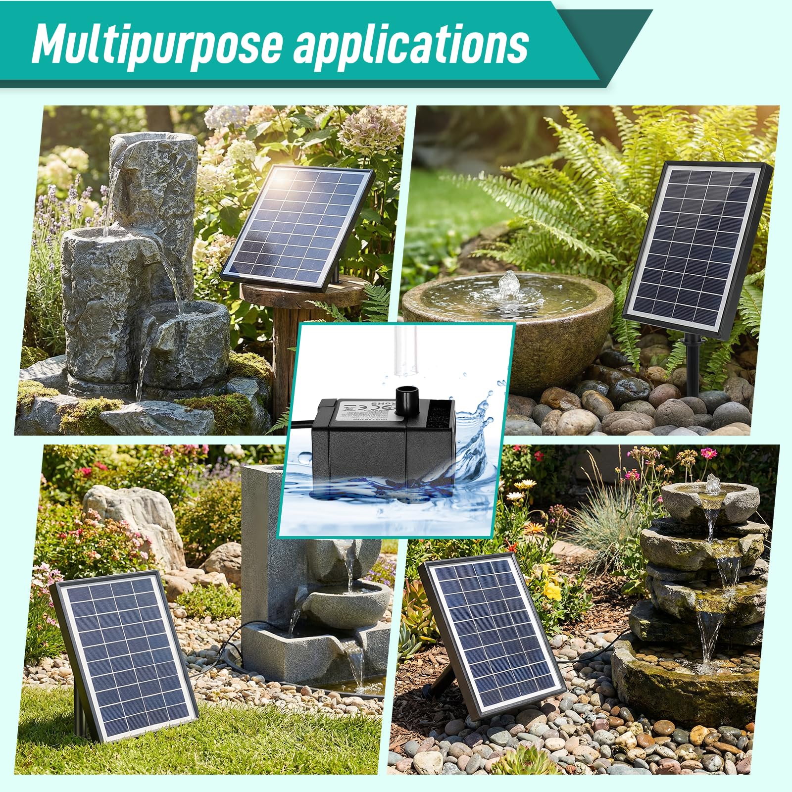 Clevich Solar Teichpumpe 6,5W, Solar Springbrunnen mit Filter, mit 1M Schlauch, 9 Düsen, 3,25M Kabellänge, DIY Brunnen, für Fischteiche, Kleine Teiche, Wasserfälle, Blumentöpfe, Dekorationsbrunnen