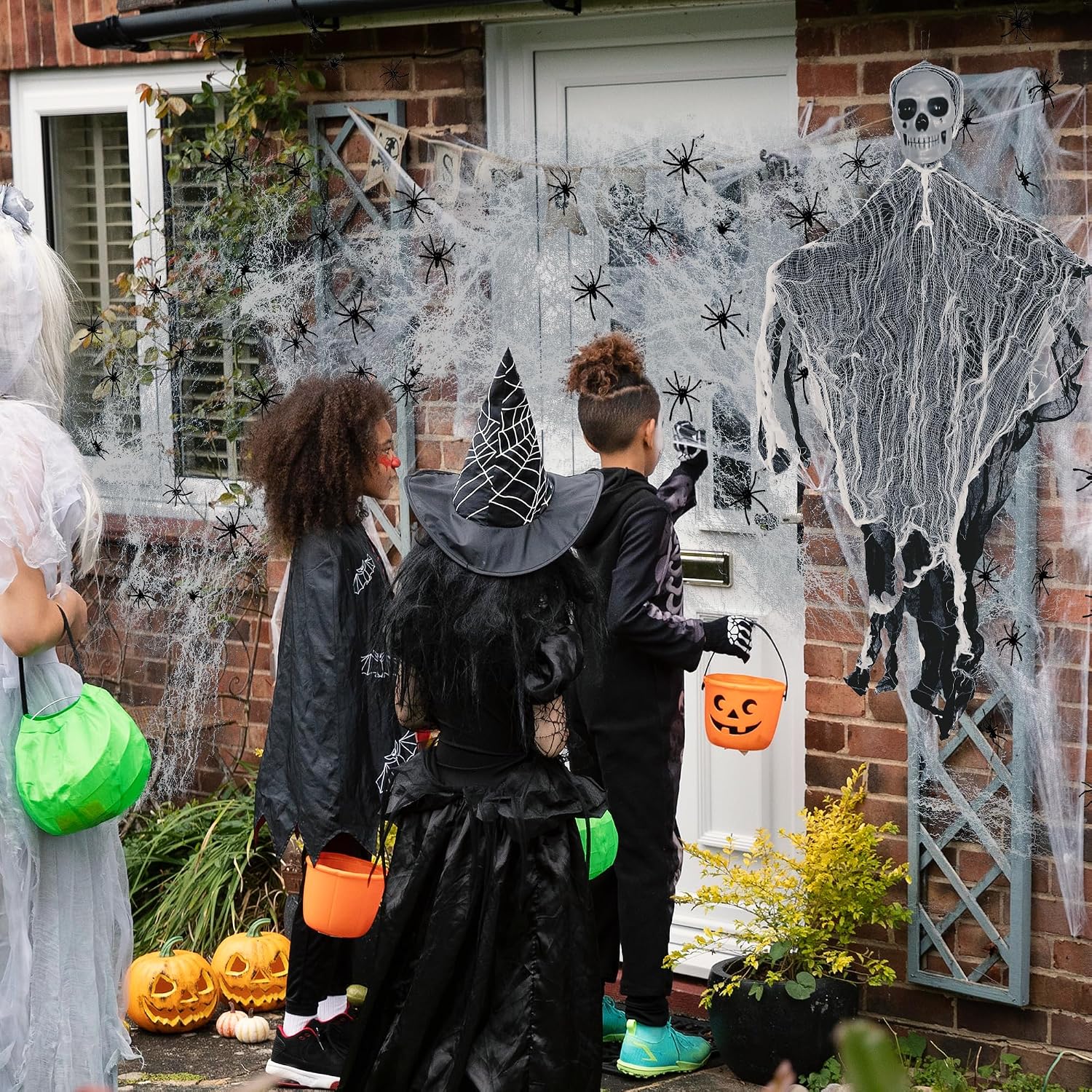 KatchOn, Scary Ghosts and Spider Webs for Halloween - Large, Hanging Skeleton Ghost with 60G Spider Web, Fake Spiders, 30 Pieces | Hanging Grim Reaper Decorations | Halloween Decorations Outdoor