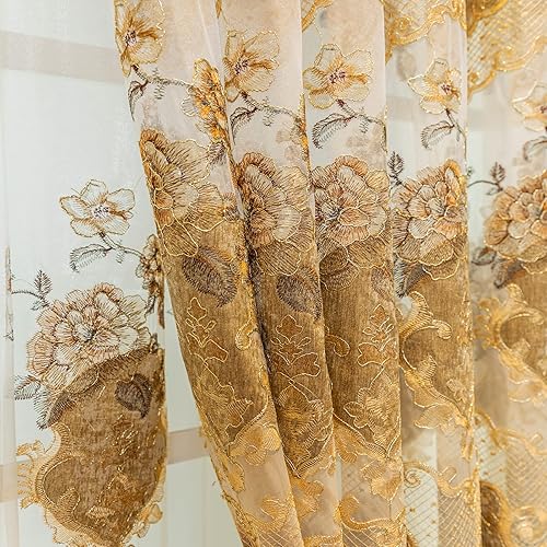 Miniatura 6 de ELKCA Cortina de felpilla bordada de lujo de estilo europeo para sala de estar, ojales superiores, 2 paneles (52 pulgadas de ancho x 96 pulgadas de