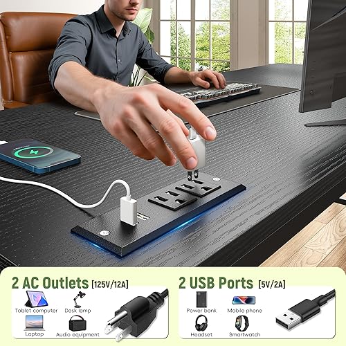 Miniatura 7 de Escritorio para juegos de 39.3 pulgadas con toma de corriente y luces LED, escritorio de computadora con soporte de monitor ajustable y cajón