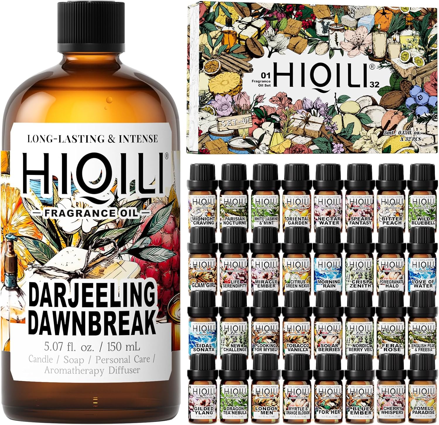 HIQILI 150ML Darjeeling Dawnbreak Fragrance Oil & 5ML*32 Fragrance Oil Gift Set, for DIY, Diffuser