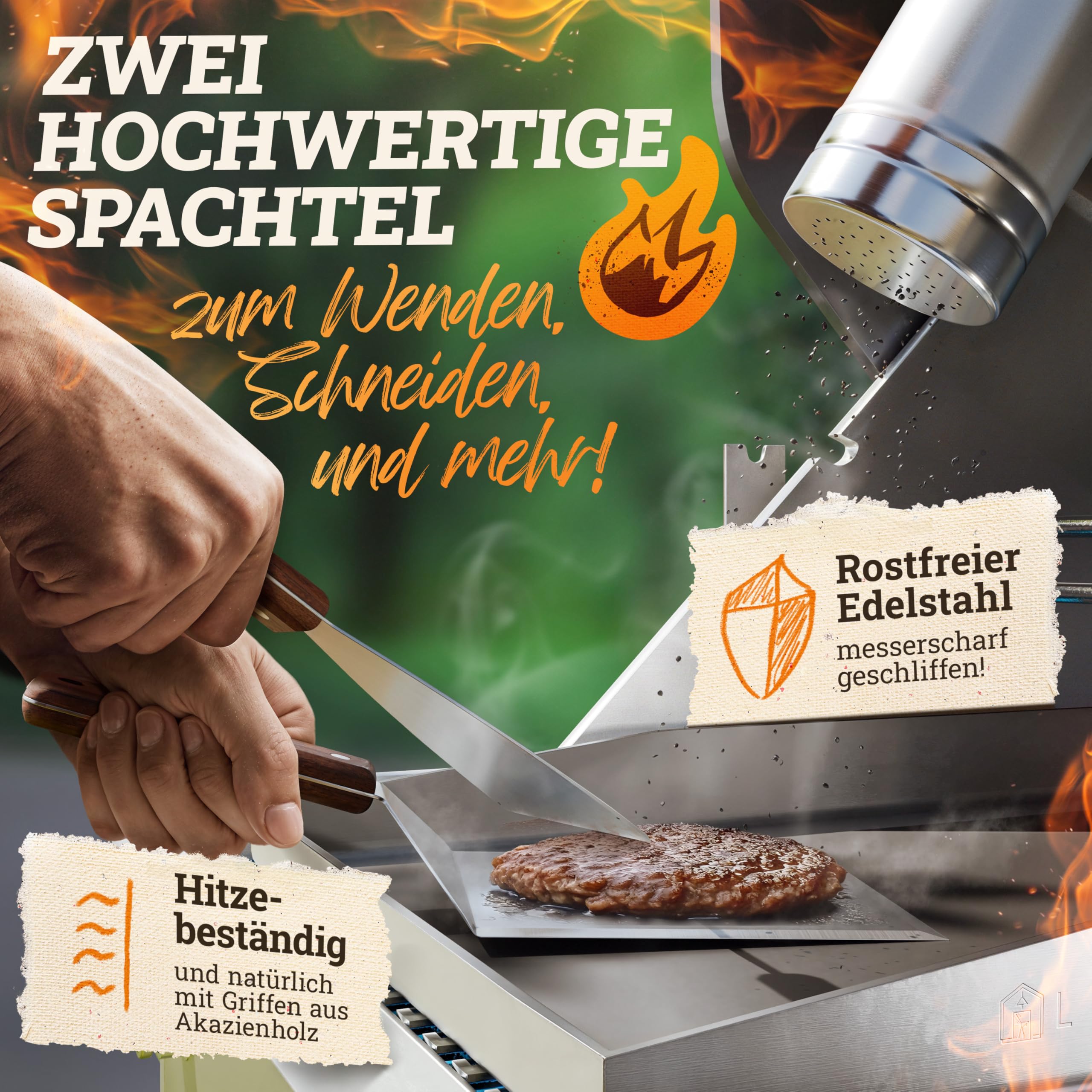 LIKAYA® Smash Burger Master-Set XXL [9-TLG.] Edelstahl mit Akazienholz-Griffen für Plancha, Grillplatte, Gasgrill & Feuerplatte | 1x Smasher, 2X Burgerglocke, 1x Grillspachtel, 1x Grillwender & mehr