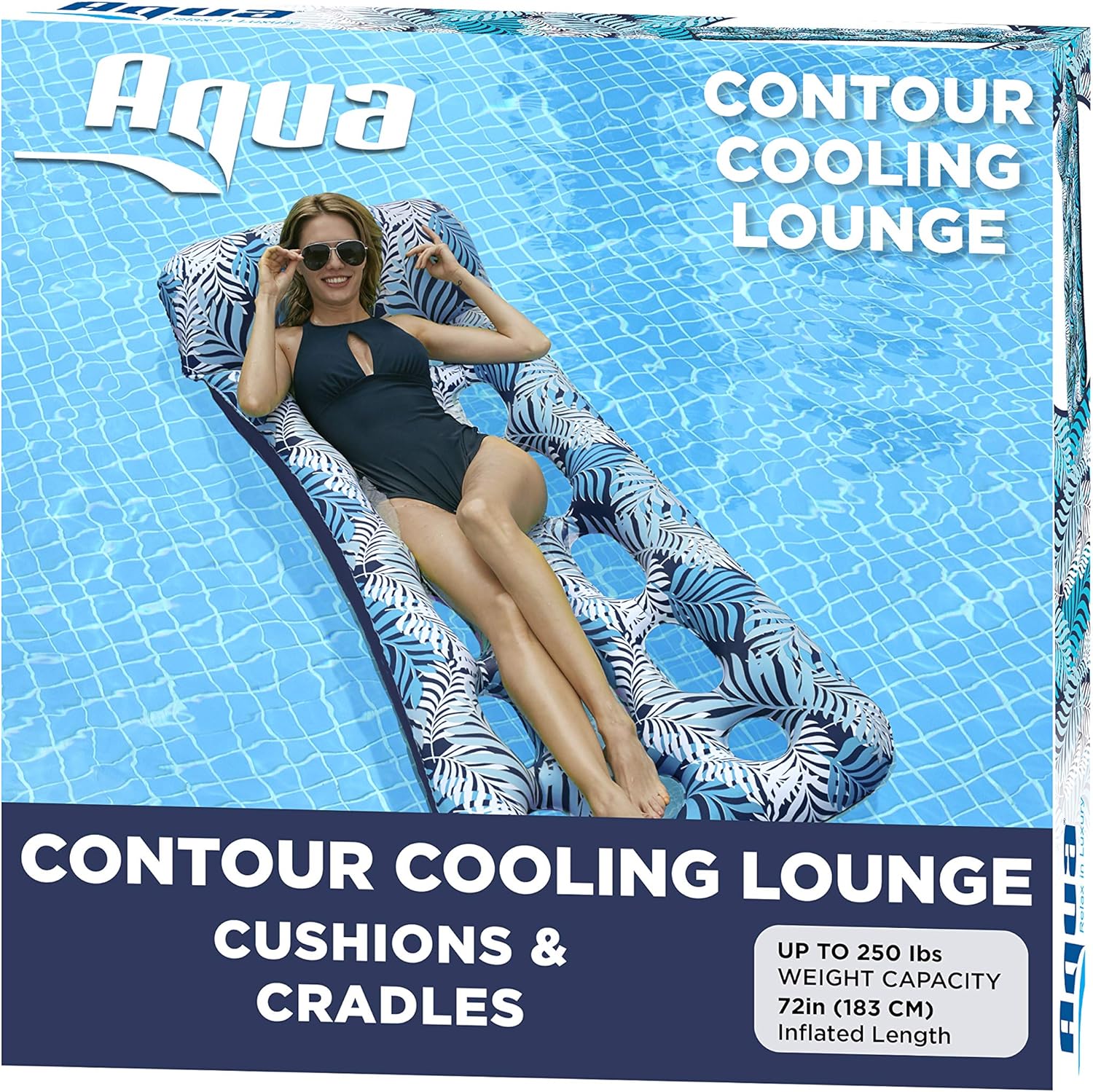 Aqua 18-Pocket Inflatable Contour Lounge, Luxury Fabric, Suntanner Pool Float, Heavy Duty, Blue Ferns : Toys & Games