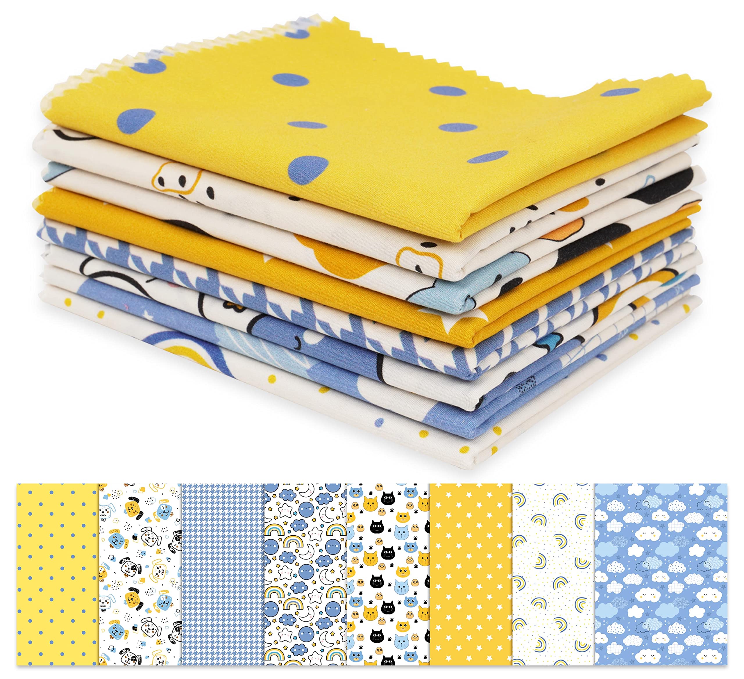 Soimoi 8 Pc Fat Quarter Bundle- Kids Collection - Nursery Decor Print 18"x 22" DIY Patchwork- 100% Cotton Pre-Cut Quilting Fabric Blue-Yellow & White