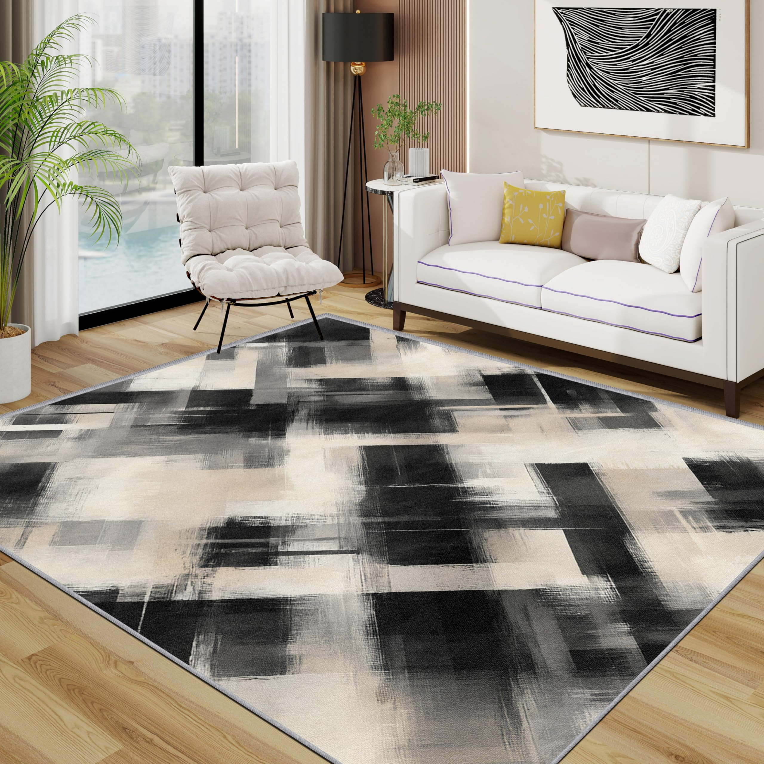TerroVee Abstract Area Rugs for Living Room 120x120 - Geometric Distressed Rug for Bedroom, Modern Minimalist Non Slip Washable Short Pile Carpet, Black Beige Room Decor