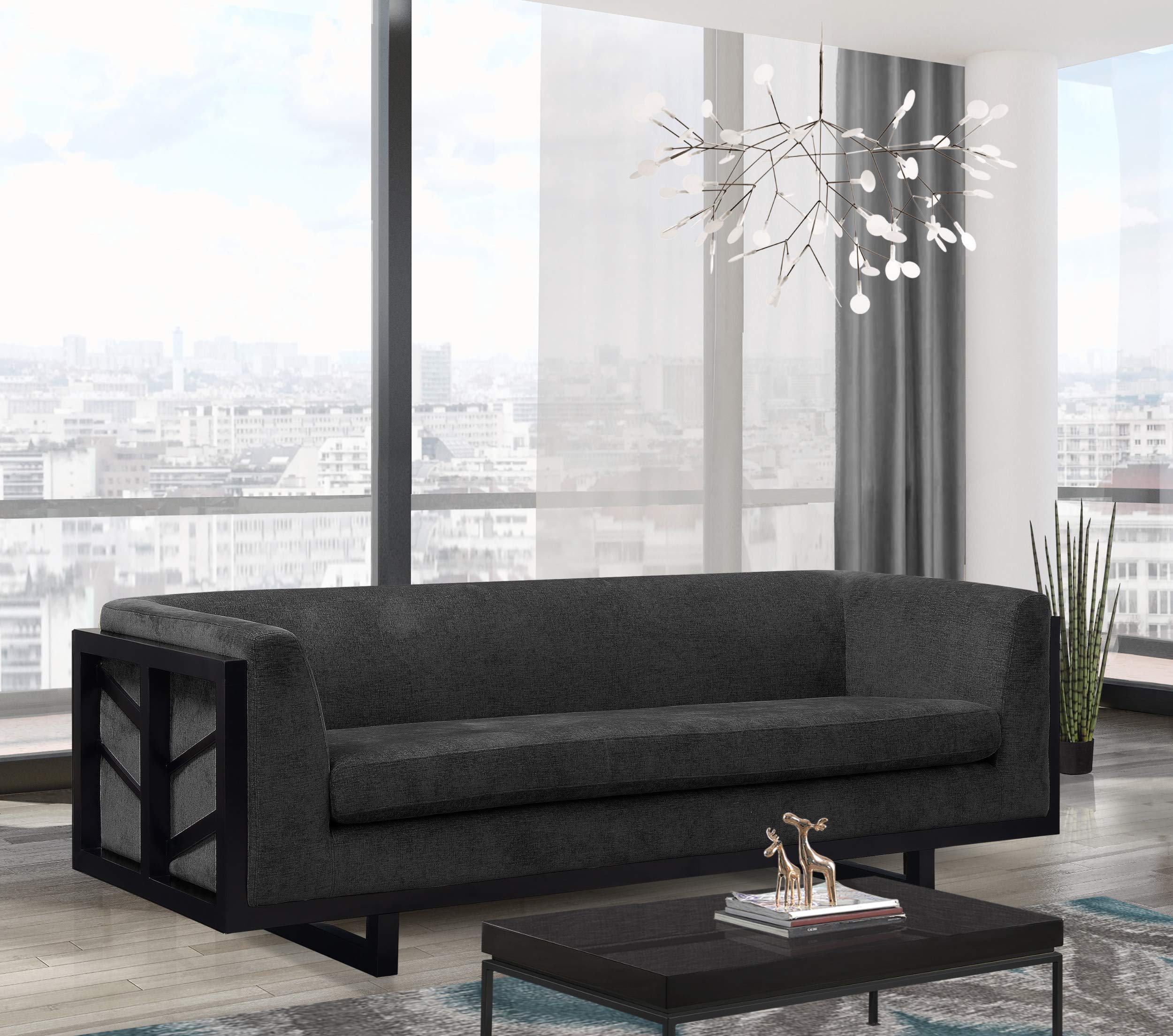 Iconic Home Arianna Sofa Linen-Textured Upholstery Espresso Finished Lattice Wood Frame, Modern Transitional, Black