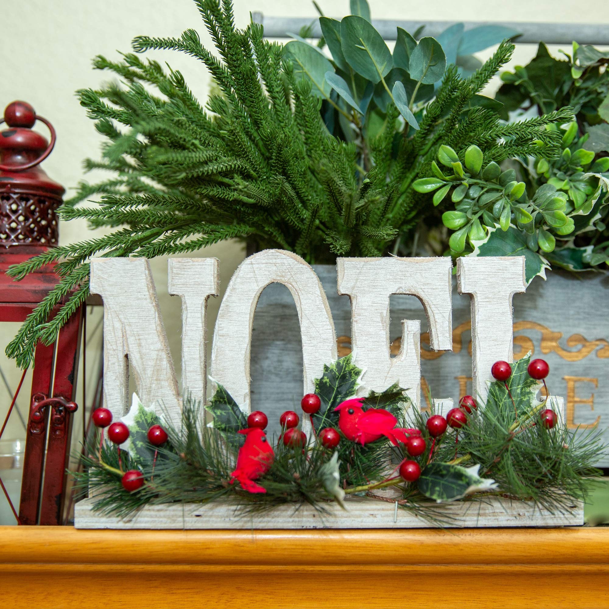 Flora Bunda 12 inch Noel Wood Sign w Cardinal Berries Christmas Home Décor Centerpiece