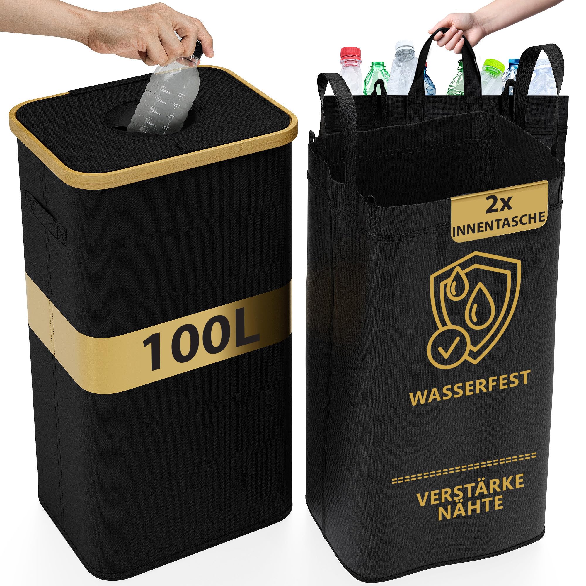 Deco haus® Gelber Sack Ständer 90L [Extra Tragetasche] - Gelber Sack Mülleimer - Stabiler Müllsackständer Extra für gelbe Säcke - Mülleimer mit Deckel - Müllsystem für Küche & Haushalt
