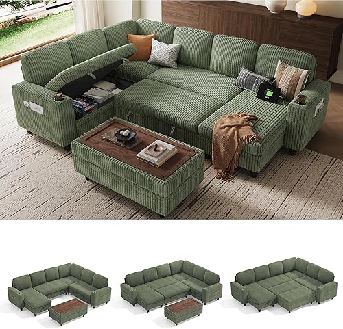 Miniatura 39 de LINSY HOME - Sofá cama extraíble modular con sección para dormir, con almacenamiento, sofá seccional de pana mullida para sala de estar, sofá cama