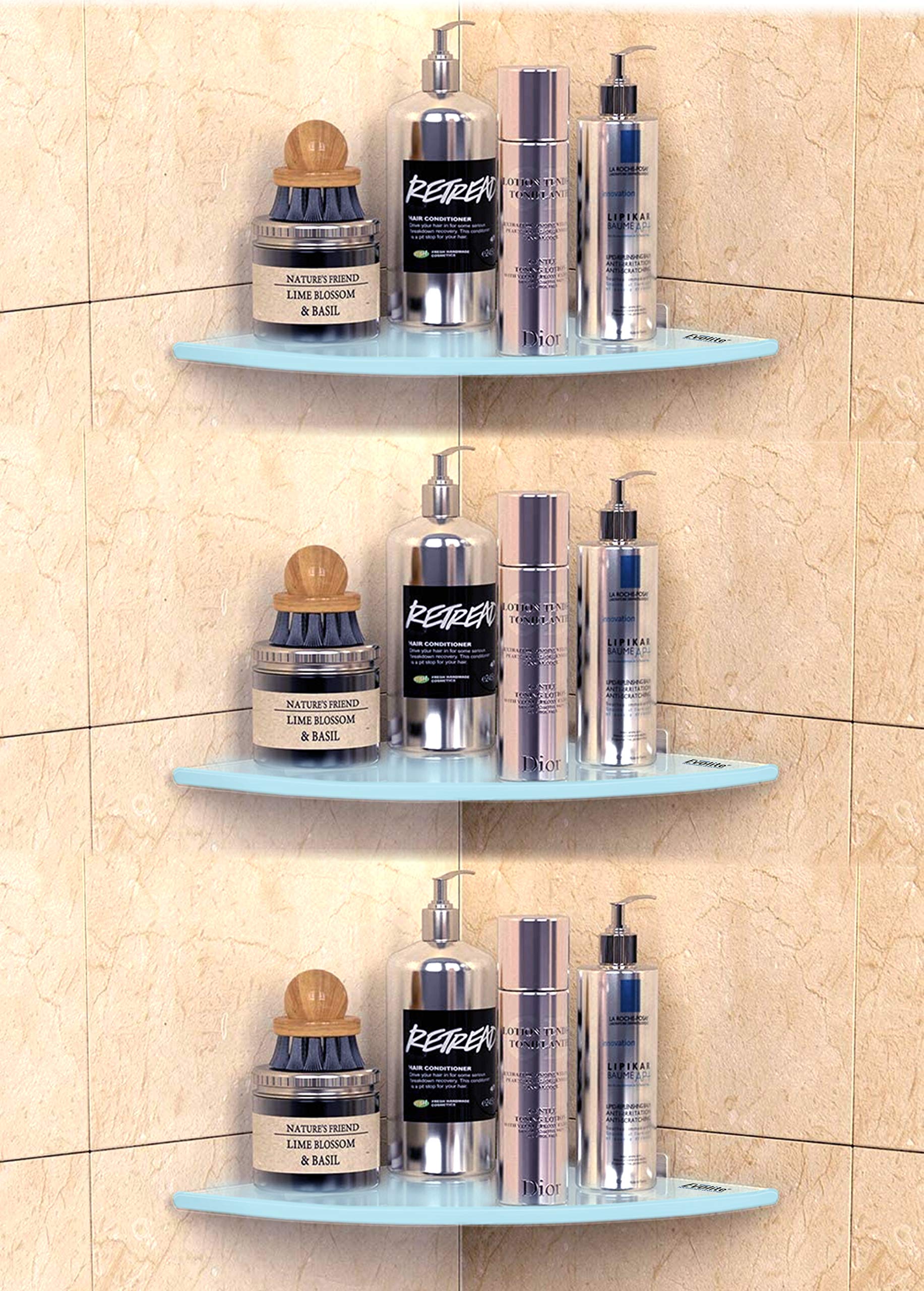 - Evolite® Premium Tempered Glass Diamond Corner and Rectangle Shelf for |Bathroom | Living Room | Bedroom | Kitchen Shelves Racks & Wall Mount Heavy Duty All Accessories (ETGS-8G12x12 inch Pack of 3)