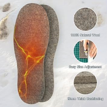 The Felt Store Wool Felt Insoles for Men and Women 13mm Thick Long-Lasting Shoe Inserts with Cushioning for Winter Boots, Snow Boots, Work Shoes, and Cold Weather Activities