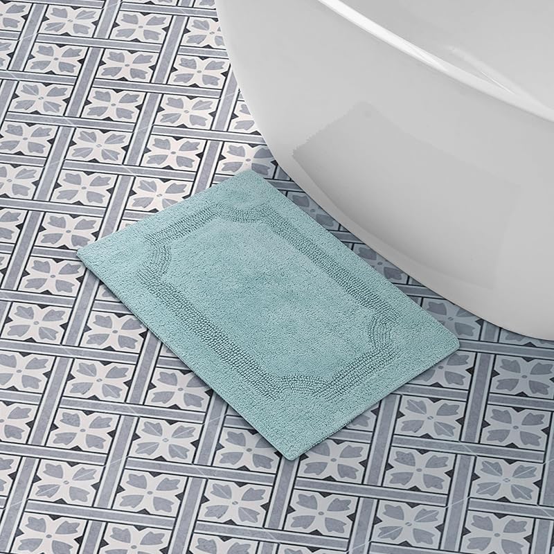 Laura Ashley - Reversible Cotton Bath Mat, Premium Bathroom Décor, Machine Washable Bathroom Rug, Highly Absorbent, 17"x24", Aqua