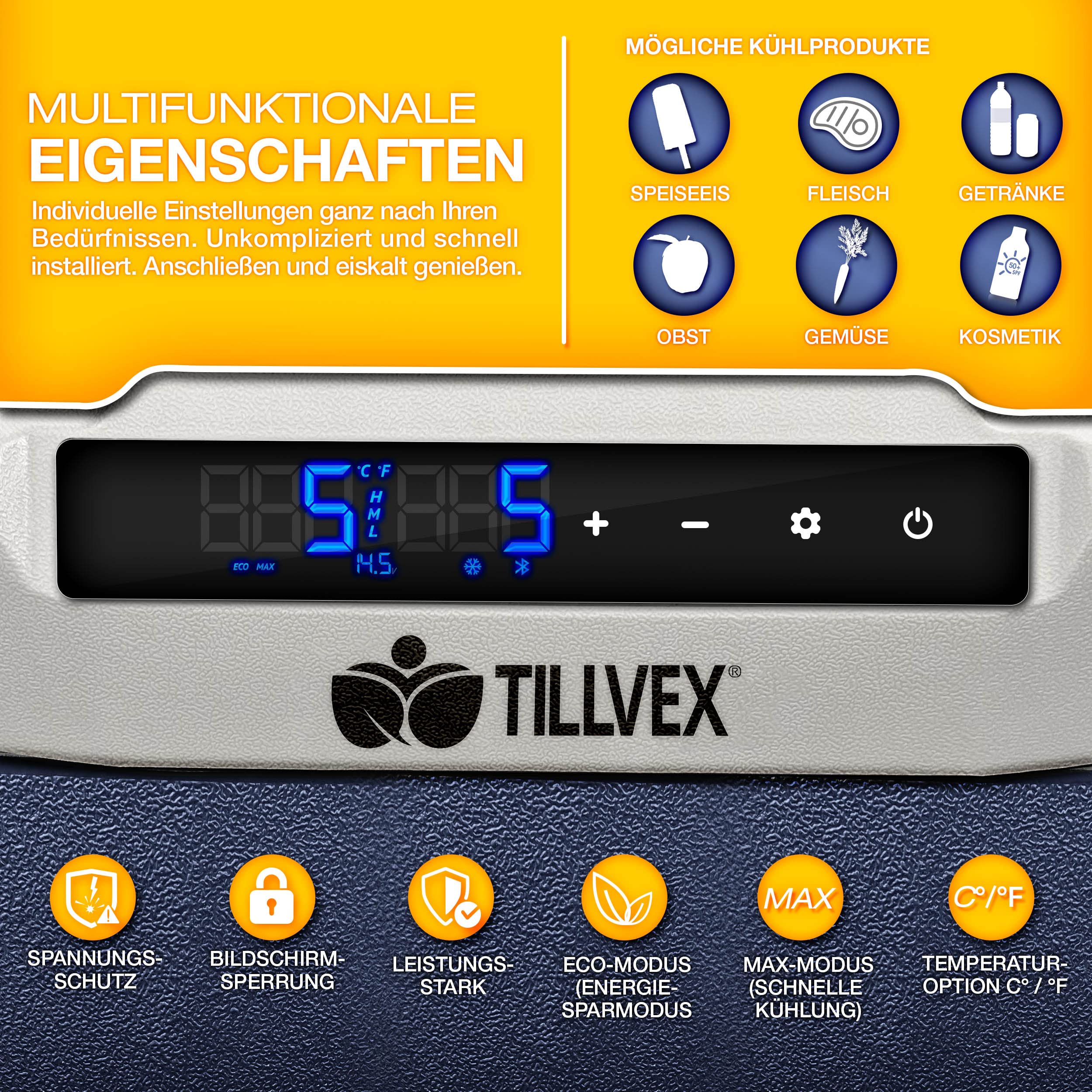tillvex® elektryczna lodówka kompresorowa, 51 litrów, sterowanie przez aplikację wi-fi, złącze USB 12/24 V 230 V, do -20 °C, do samochodu, ciężarówki, łodzi, kampera, na kemping