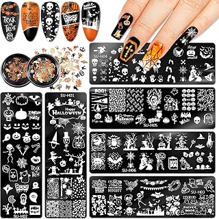 Whaline Halloween Nail Stamper Set 6Pcs Nail Art Plates 2 Box Nail Art Glitters Pumpkin Bat Ghost Spider Witch Owl Stamping Templates Gold Black Manicure Sequins for DIY Nail Salon Decoration