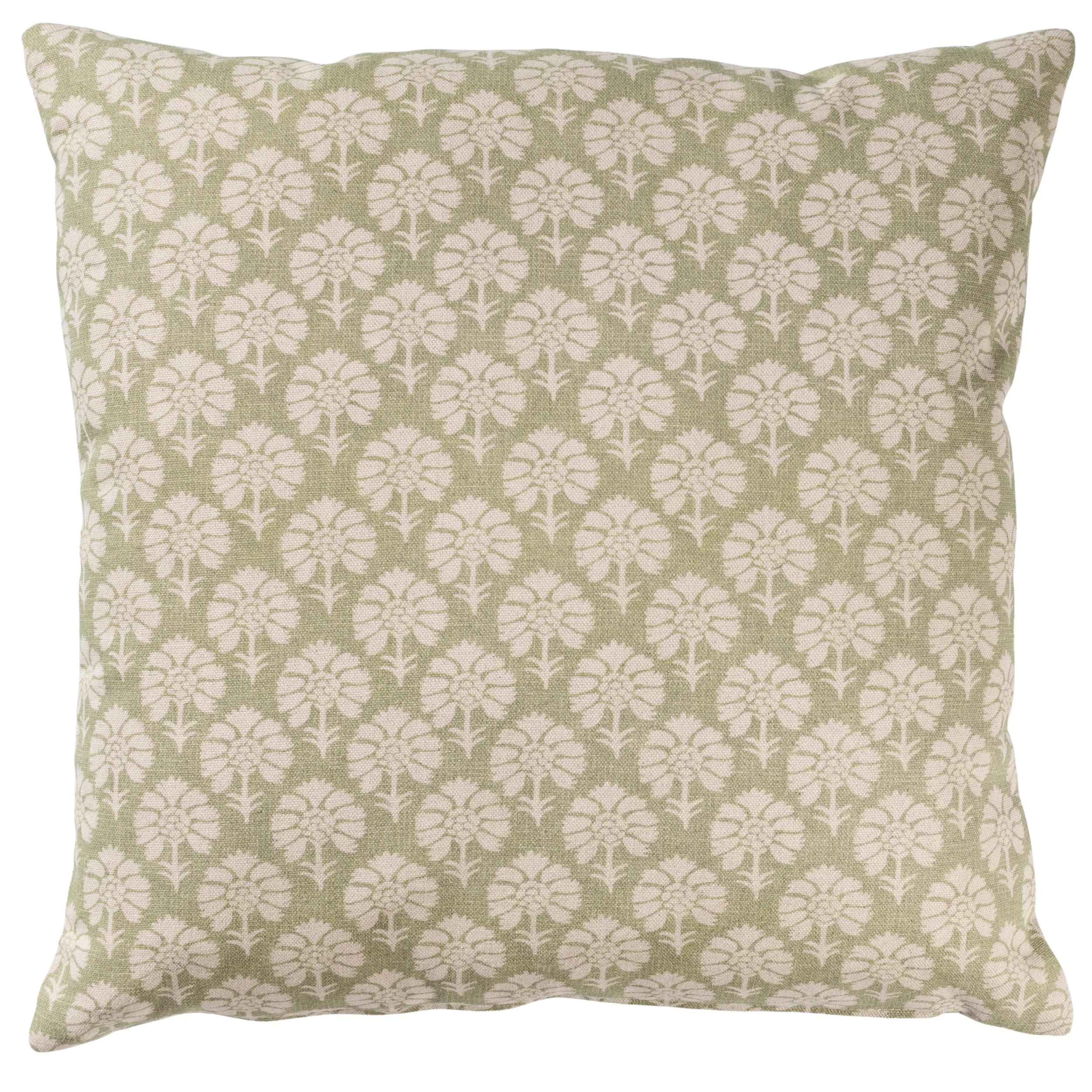 Linen Loft Green Wildflower Cushion In Soft Block-Print Floral, Blossoms And Botanical Design, Multicoloured. 17X17 Square Cushion Cover
