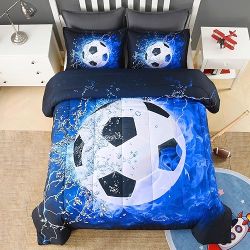 Andency Edredón de fútbol 3D tamaño matrimonial (79 x 90 pulgadas), 3 piezas (1 edredón de fútbol, 2 fundas de almohada), juego de edredón deportivo