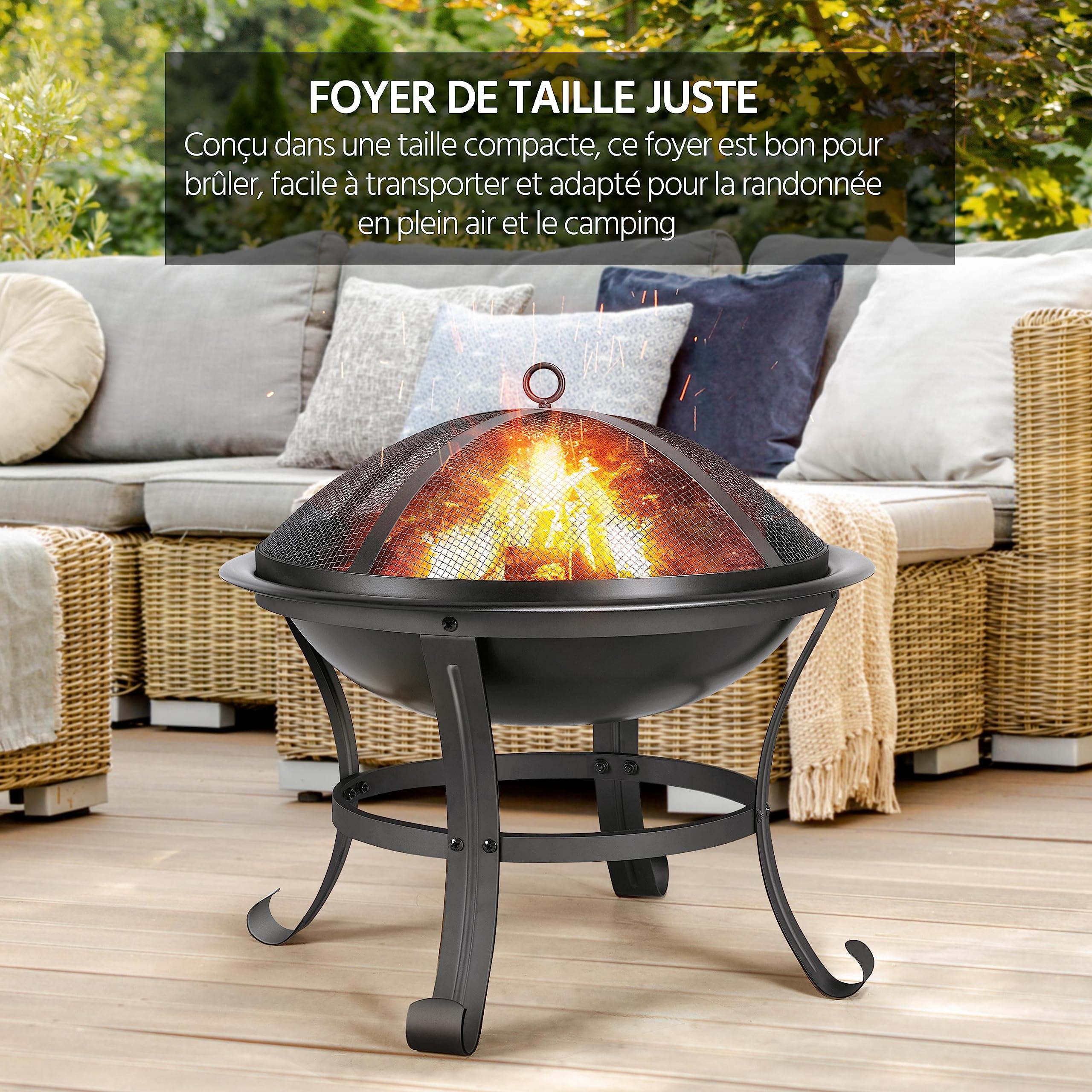 Abician Brasero Exterieur pour Jardin, Chauffage Foyer Poêle en Fer avec Poker Couvercle Brasero Exterieur Terrasse 54 x 54 x 50cm Noir