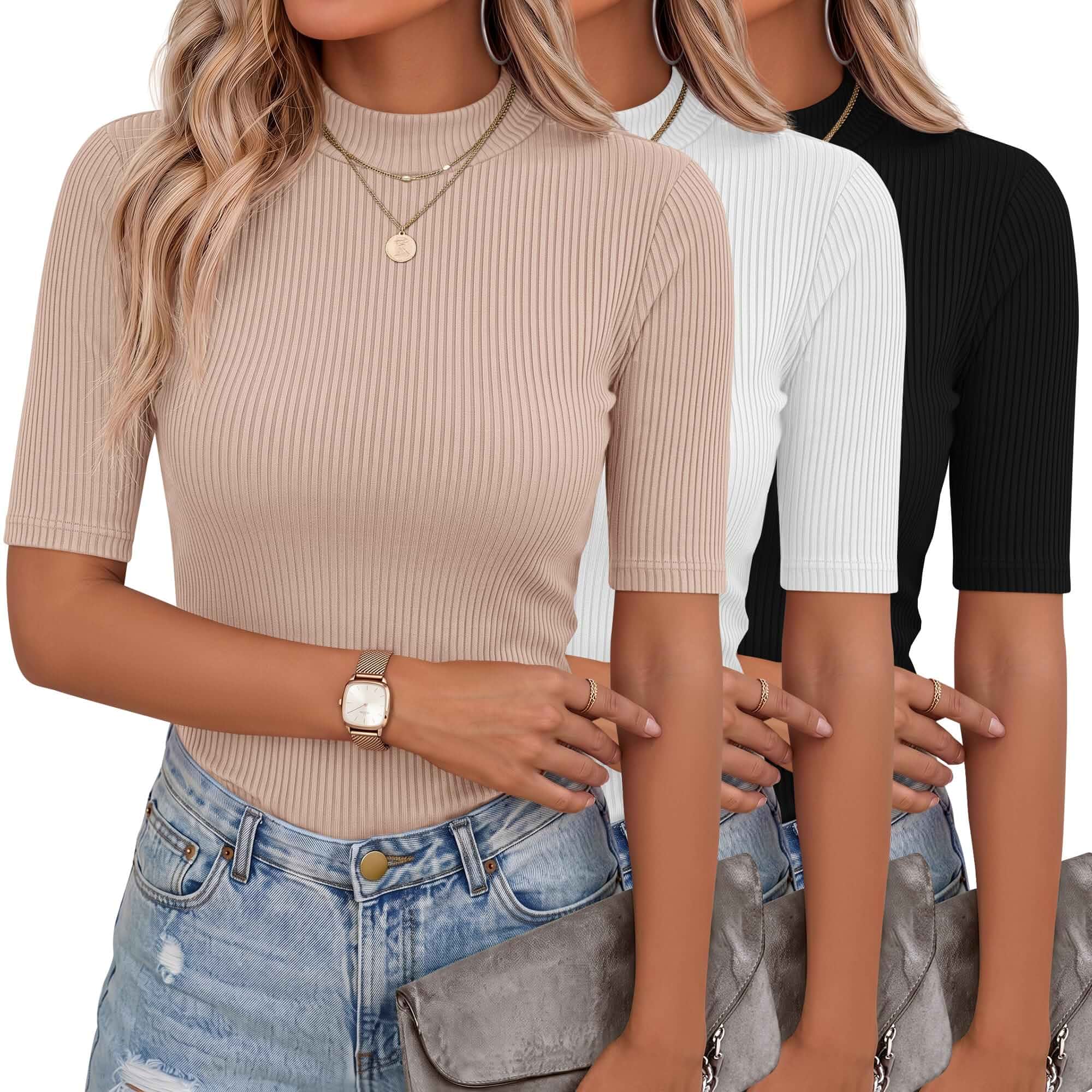 Neer 3 Pack Women's Tops Ribbed Turtleneck T-Shirts Ladies Turtleneck Half Sleeve T-shirt, Slim Fit Business Casual Tunic Top, Soft Basic Dressy Tee, Going out Solid Undershirt