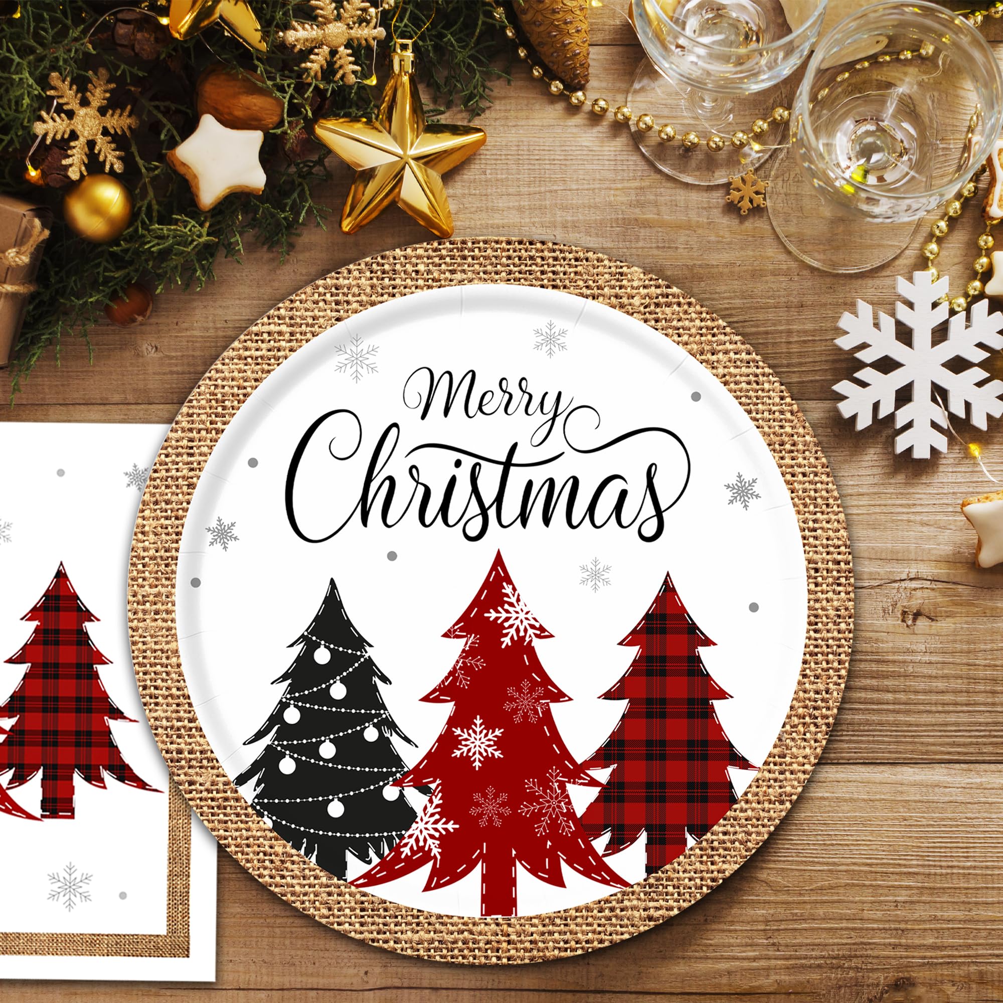 Platos y servilletas de papel de Navidad, platos de Navidad desechables (sirve para 25), platos y servilletas de árbol de Navidad incluye platos llanos, platos de postre, servilletas y tazas,