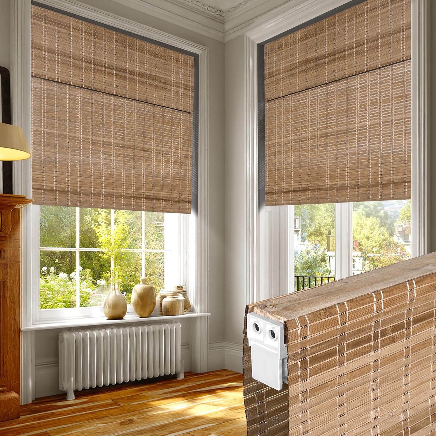 No Tools No Drill Cordless Bamboo Roman Shades for Window, Light Filtering Bamboo Blinds Free-Stop Easy Install Roll Up Pull Down Window Shades for Home Door(Custom Size) Bamboo Light Brown