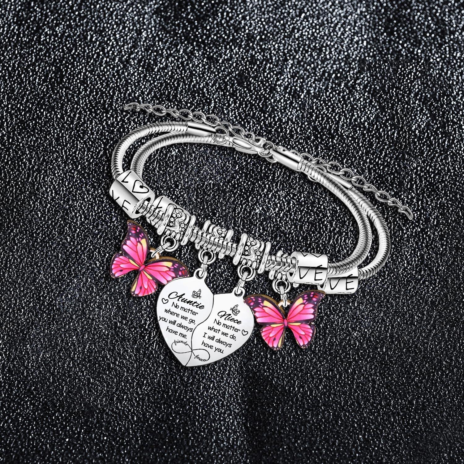 BESPMOSP 2PCs Auntie Niece Heart Matching Bracelet for Women Aunt Gifts from Niece Birthday Gifts for Auntie Bracelet Butterfly Charm Bracelet Jewelry Gifts - Image 3