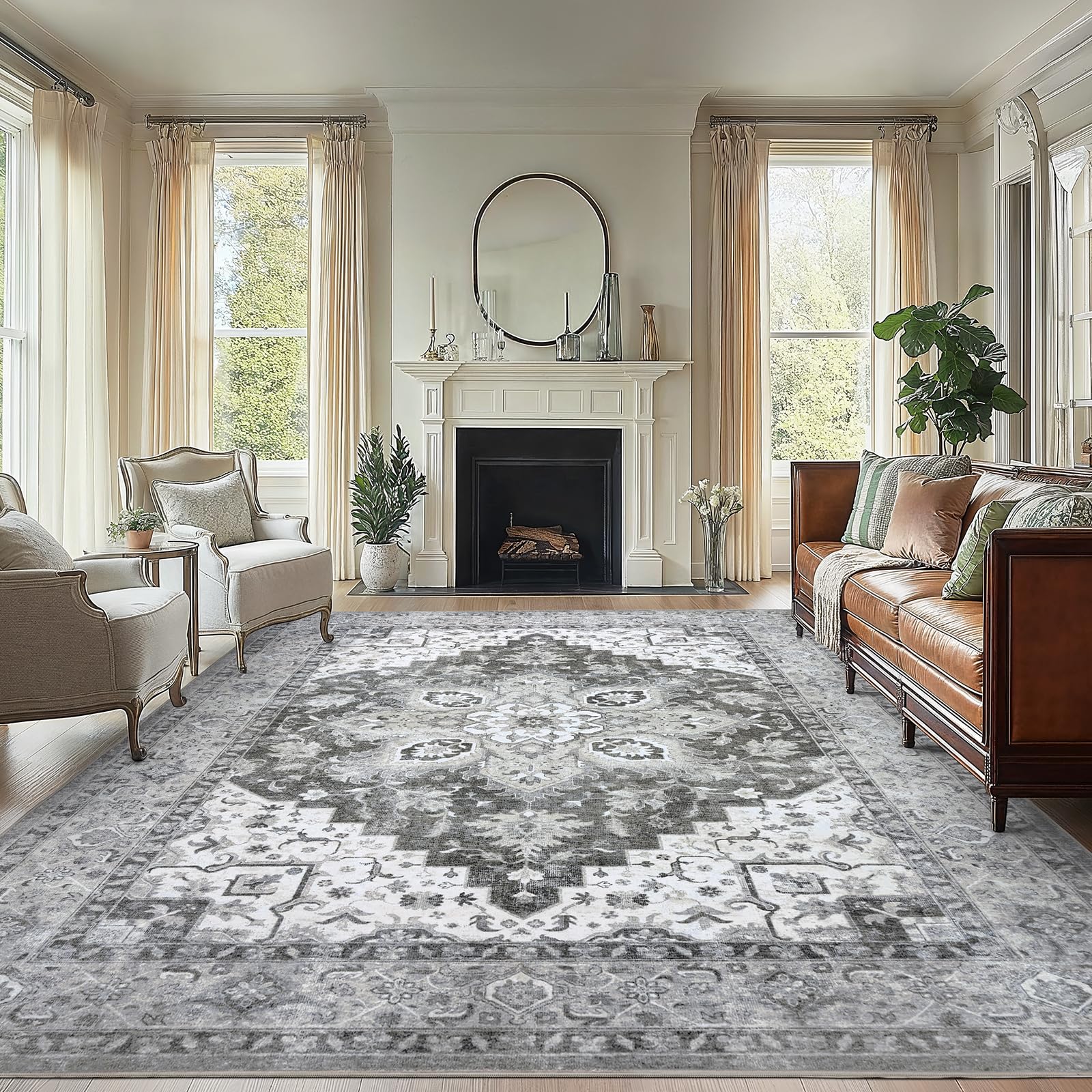 AMADA HOMEFURNISHING 9x12 Area Rugs, Low-Profile Large Washable Area Rug with Non-Slip Backing & Durable Edge Binding, Vintage Rugs for Living Room,