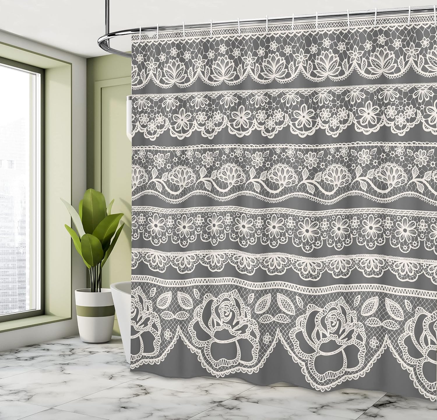 Ambesonne Grey Shower Curtain, Eastern Lace Pattern with Rose Floret Embellish Nostalgic Bridal Feminine Retro Art, Cloth Fabric Bathroom Decor Set with Hooks, 69" W x 70" L, Grey White