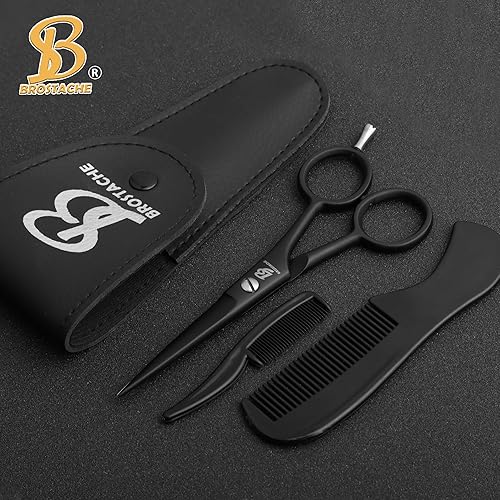 Miniatura 7 de Tijeras para barba y bigote para hombres de 5 pulgadas, 2 peines y hermosa bolsa de viaje, forjadas a mano con borde biselado para precisión,