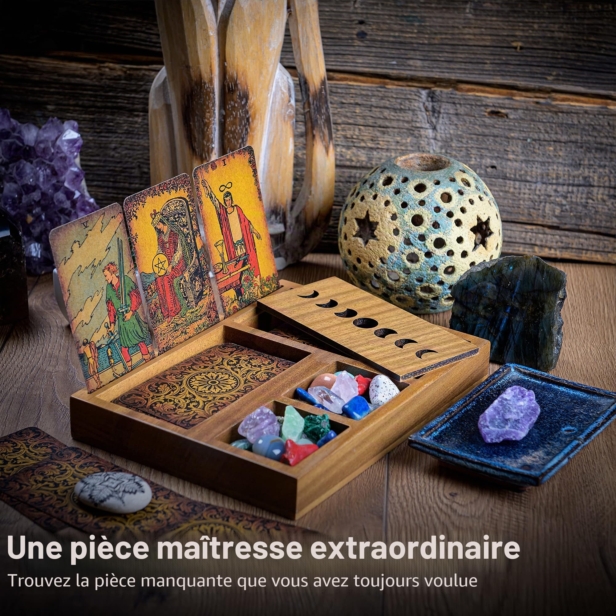 Boîte de rangement pour cartes de tarot avec 3 lectures immersives, support de cartes de tarot et support en cristal Design phase de lune Support de plateau de tarot et plateau en cristal